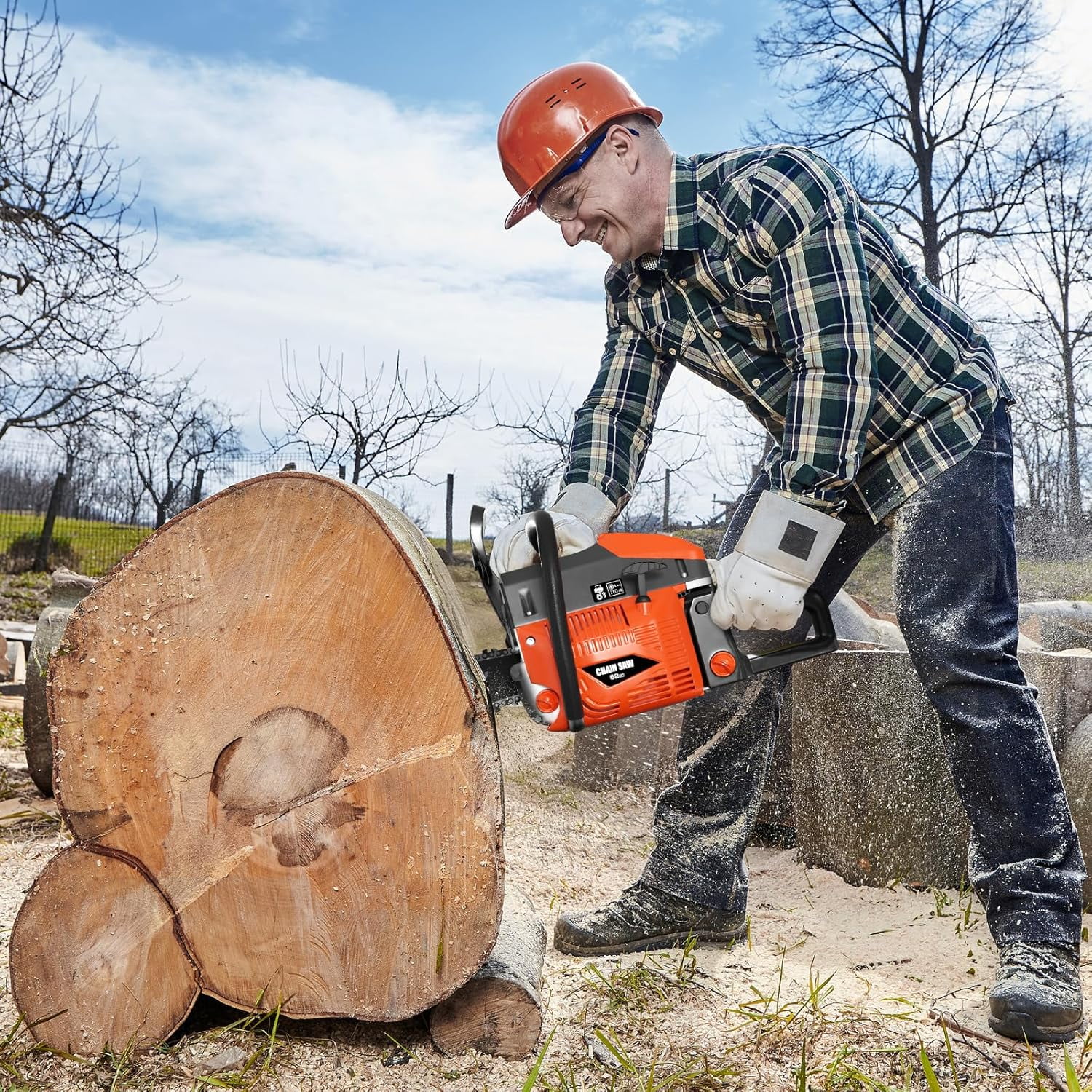 Datingday 62cc Gas Chainsaw, 3.5HP Professional Handheld Power Tool with Anti-Vibration & Quick-Stop Brake (Orange, 14 lb) 2sgpy