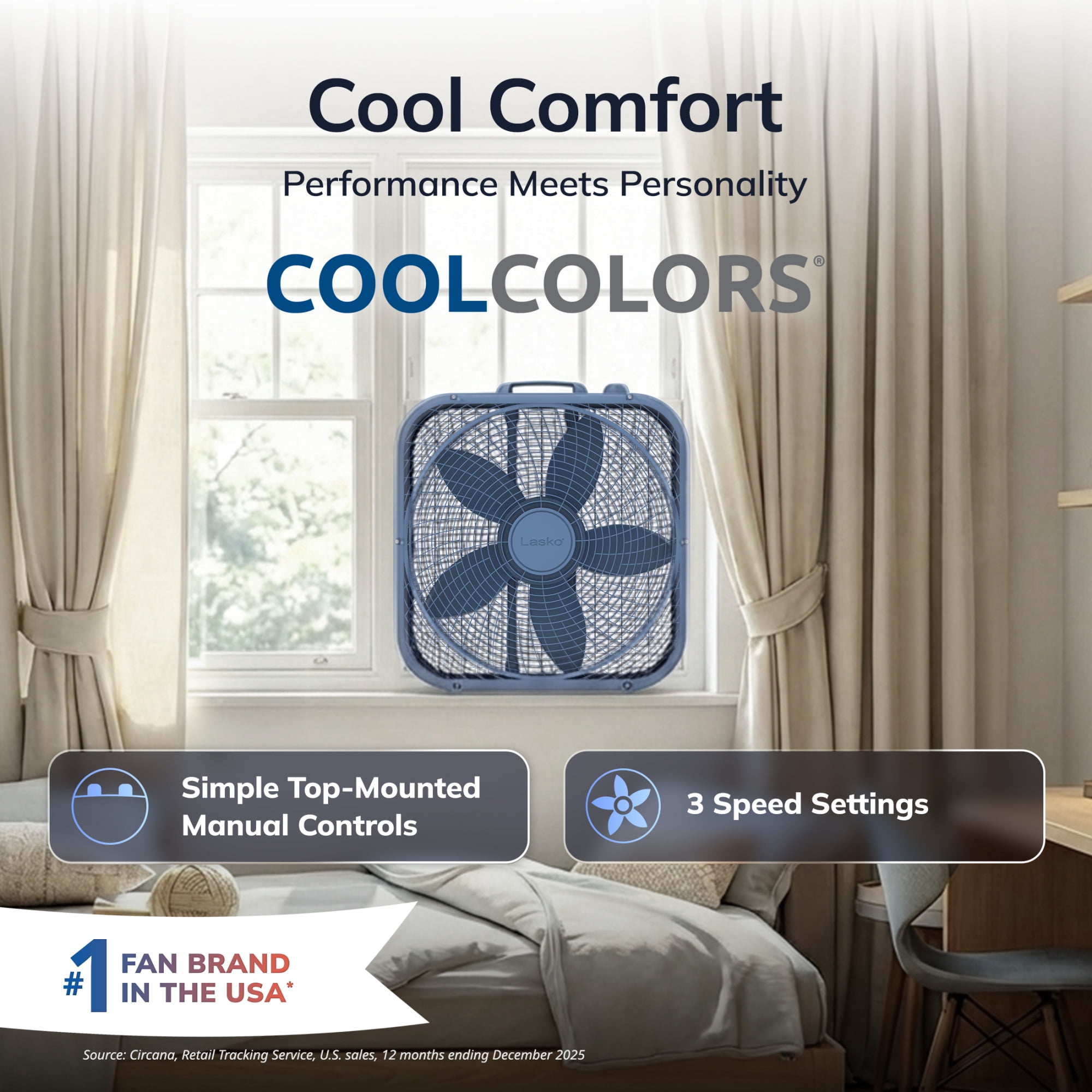 Lasko 20 in Cool Colors Classic Box Fan, Portable Floor or Window Cooling Fan with 3 Speeds (Laguna Blue, 20 in) f4r3m