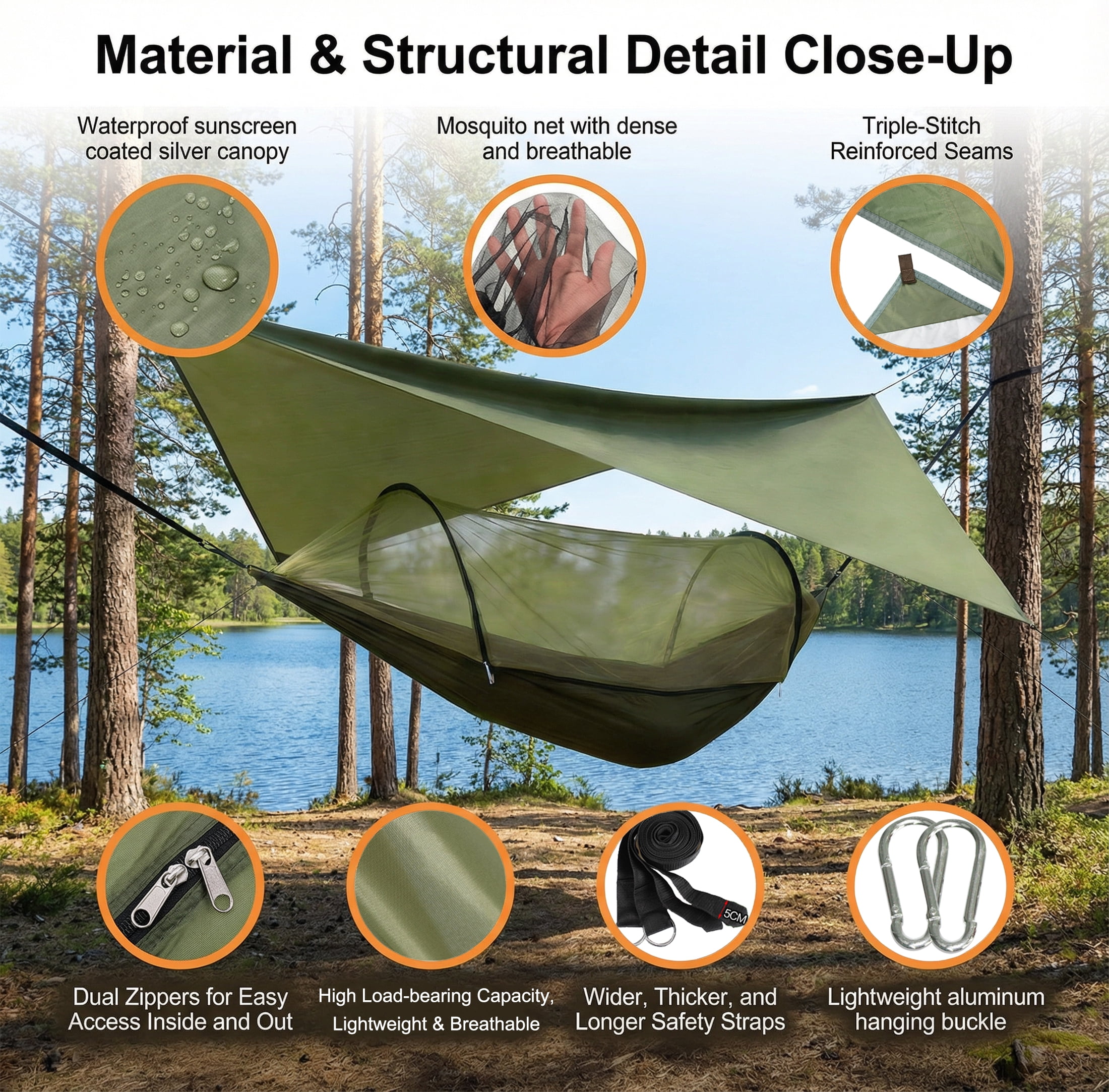 EZBY Camping Hammock with Mosquito Net and Sunshade Tarp (Green, 102 in x 55 in) 0c656