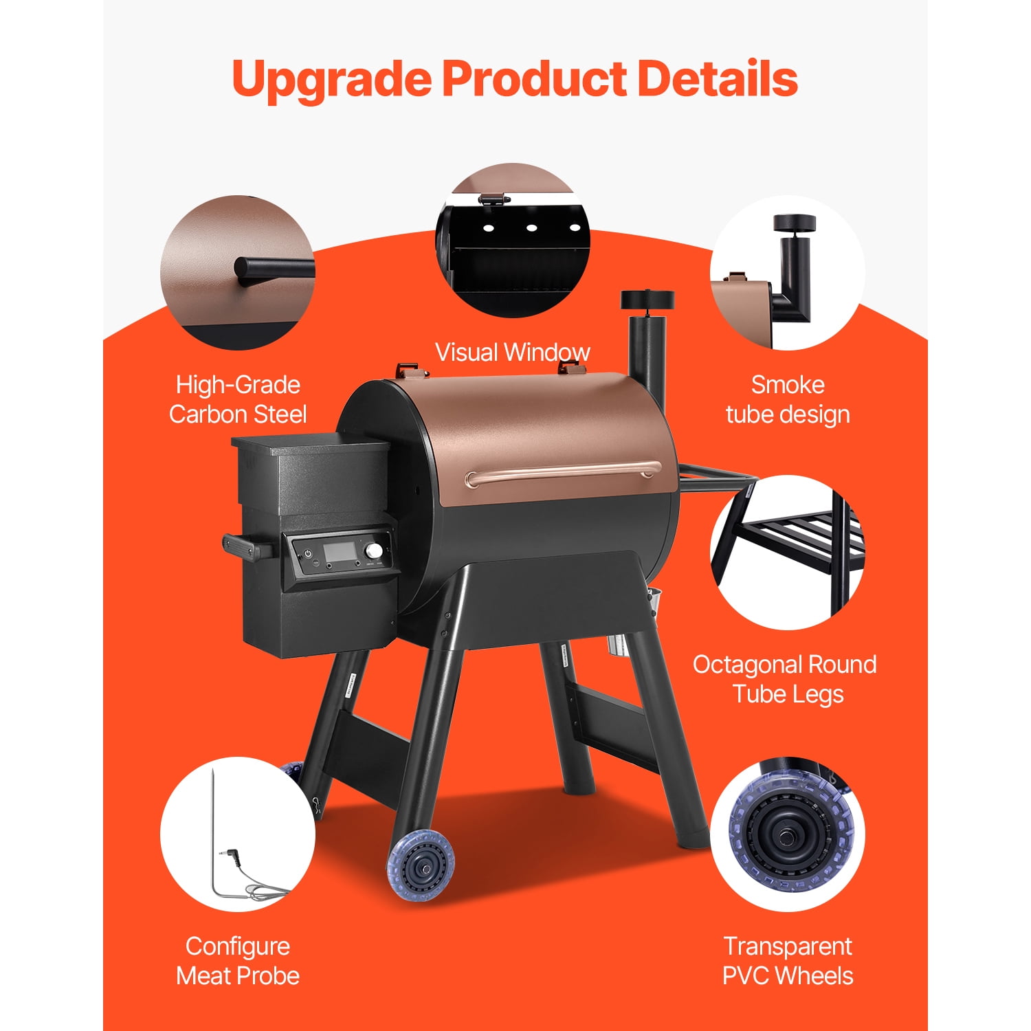 KFFKFF Wood Pellet Grill Smoker, Multifunctional Outdoor BBQ Grill with WiFi App Control (Silver, 575 sq in) 3smzn