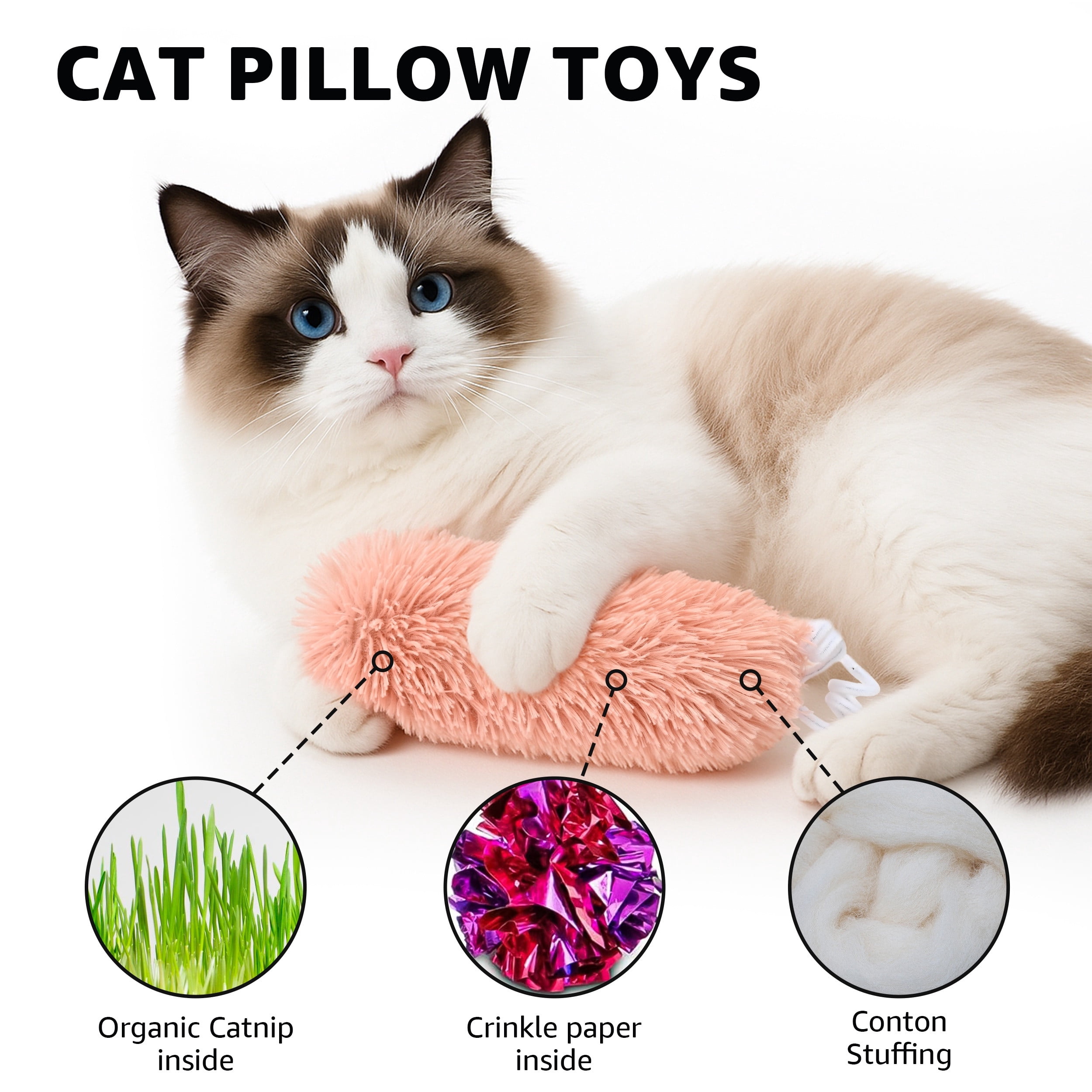 Max & Marlow Catnip Plush Pillow Cat Toys with Crinkle Paper, Interactive Kicker Toys for Indoor Cats (Multi-Color, 3 Pack) t8i93