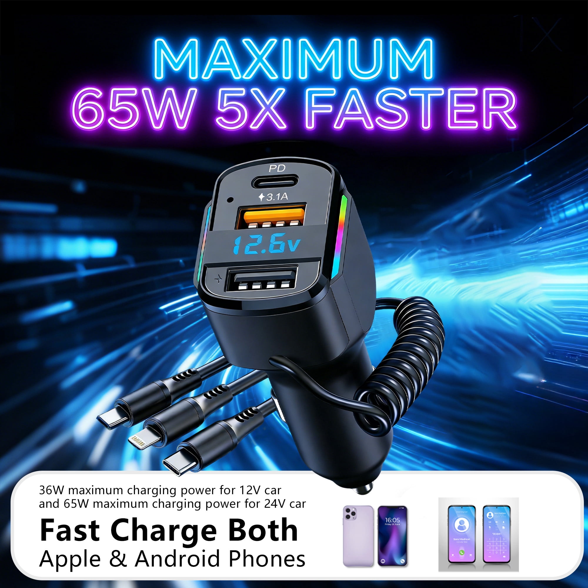 DAYBETTER 6-in-1 USB C Car Charger, 65W Fast Charging PD & QC 3.0 Adapter with 4ft Retractable Cables (Black) 1y7r4
