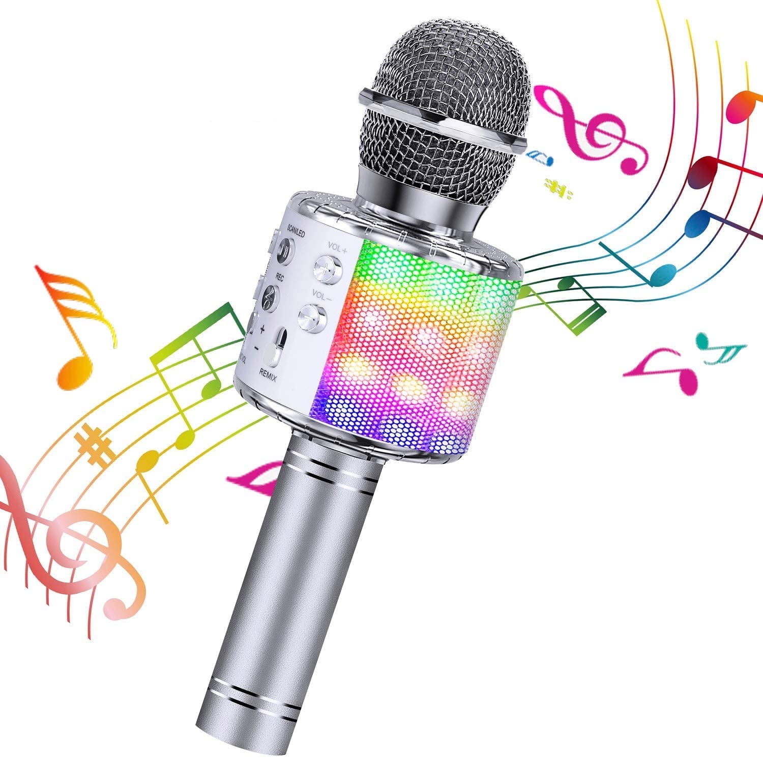 GLUAAE Wireless Bluetooth Karaoke Microphone with LED Lights and Echo Control (Silver, 0.66 lb) repgq