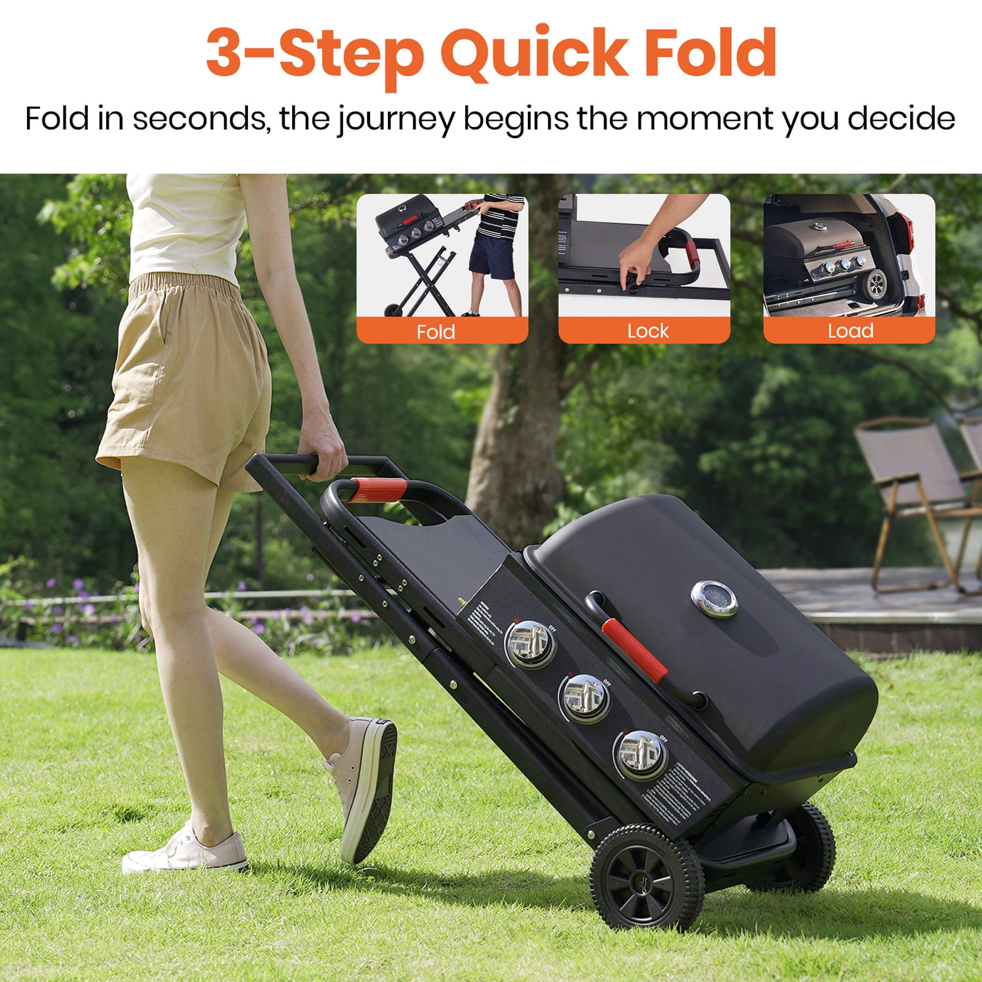NICWIN 3-Burner Portable Gas Grill with Foldable Legs, 30,000 BTU Outdoor BBQ Grill for Camping and Tailgating (Black, 415 sq in) m8qsg
