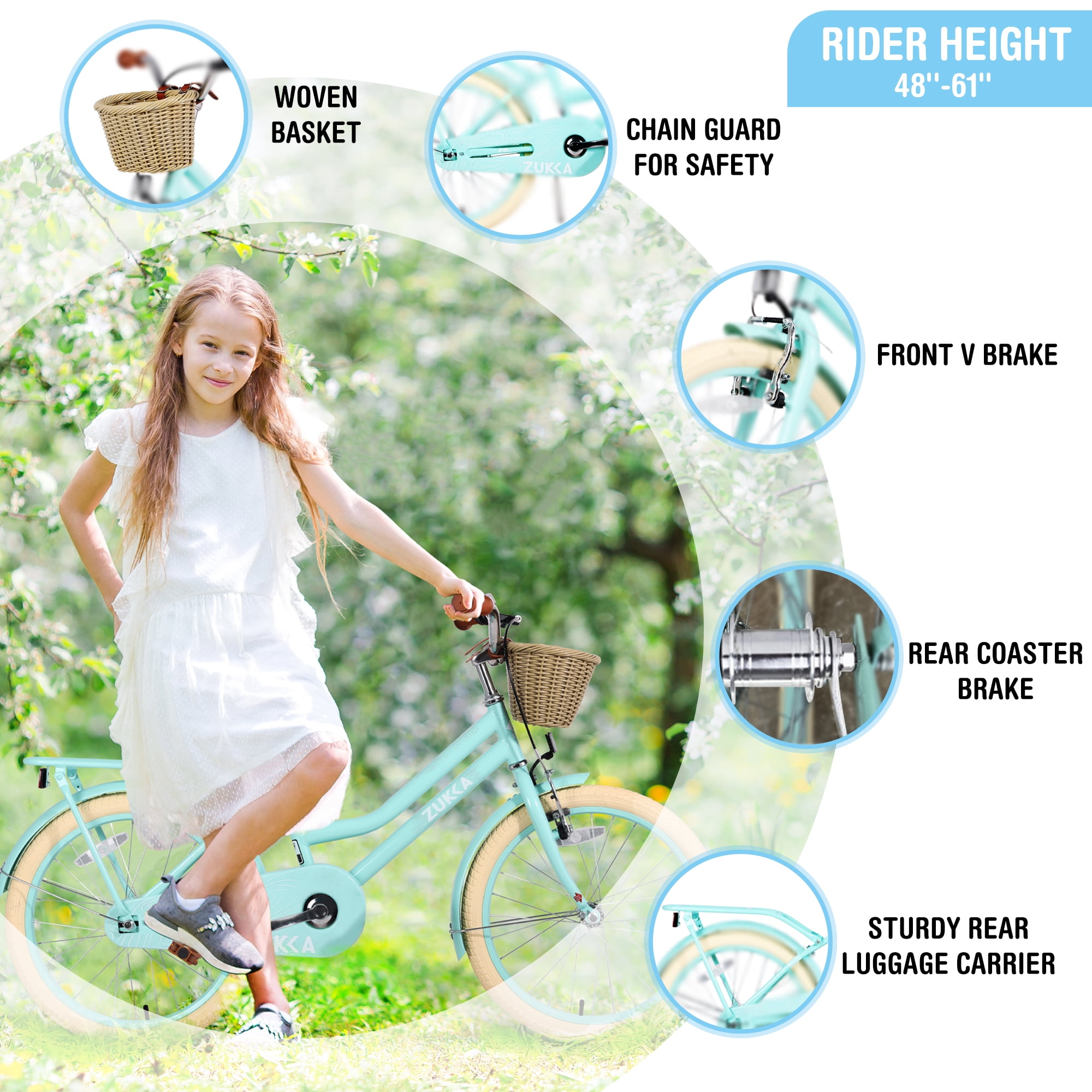 SHINPT 20-inch Girls Bicycle with Basket and Rear Rack, Lightweight Carbon Steel Frame (Mint Green, 20 in) tts25