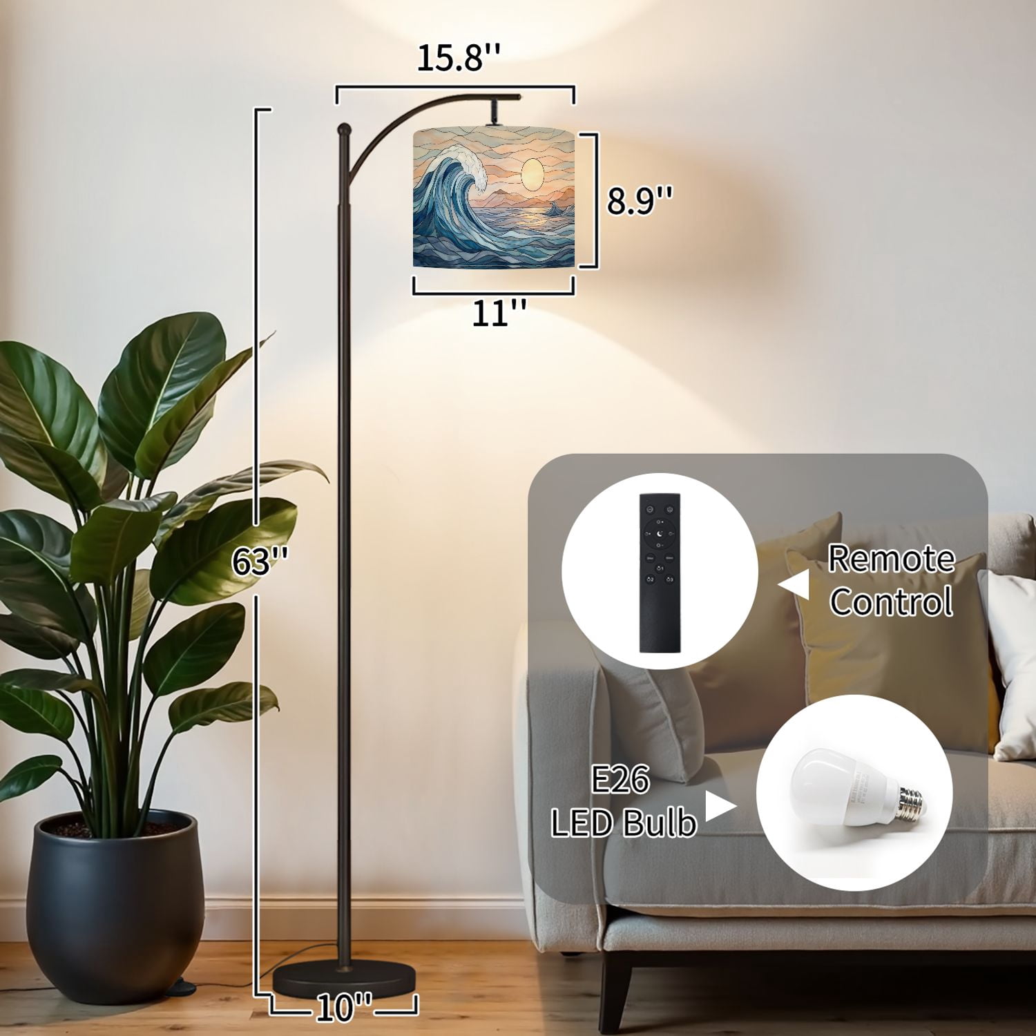 RAINFALLARING Arc Floor Lamp with Adjustable Lampshade, Dimmable LED Standing Pole Lamp with Remote and Foot Switch (Ocean Wave, 63 in) gg34s