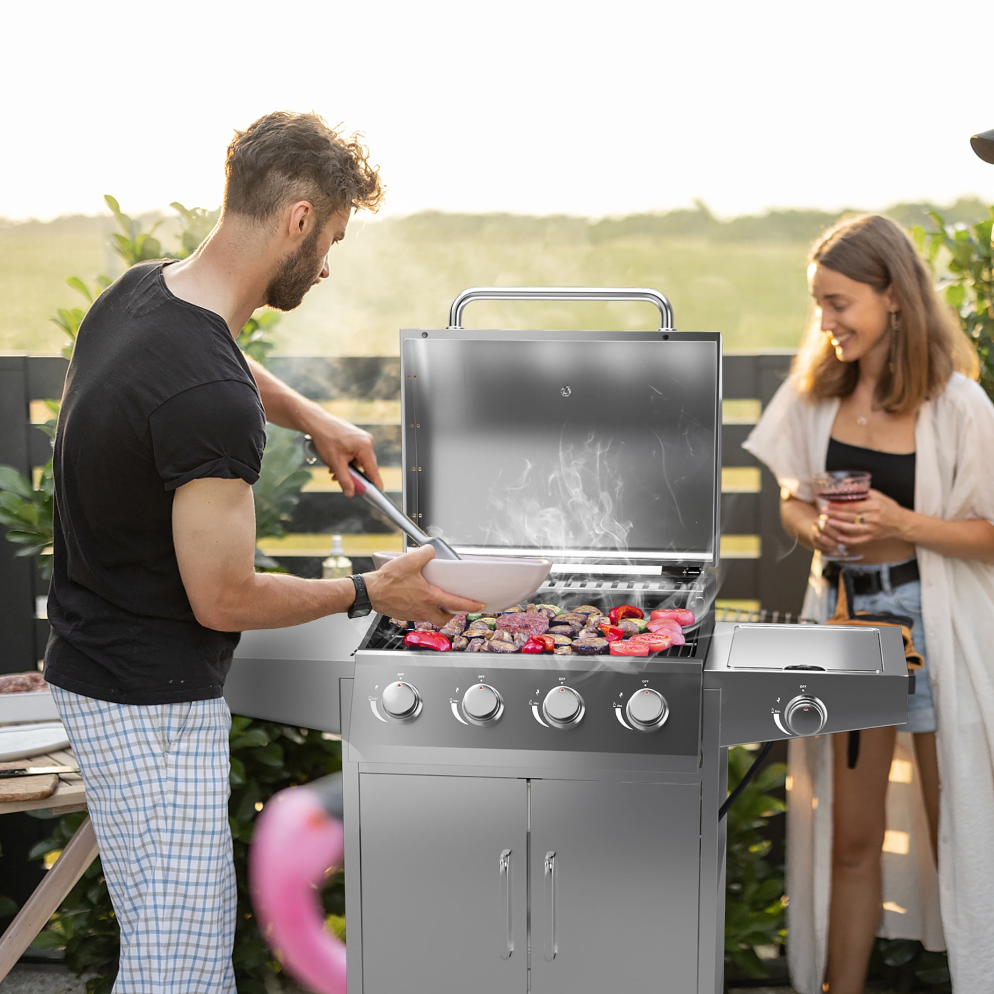 Costway 5-Burner Propane Gas Grill with Side Burner and Prep Table (Silver, 516 sq in) ngiis
