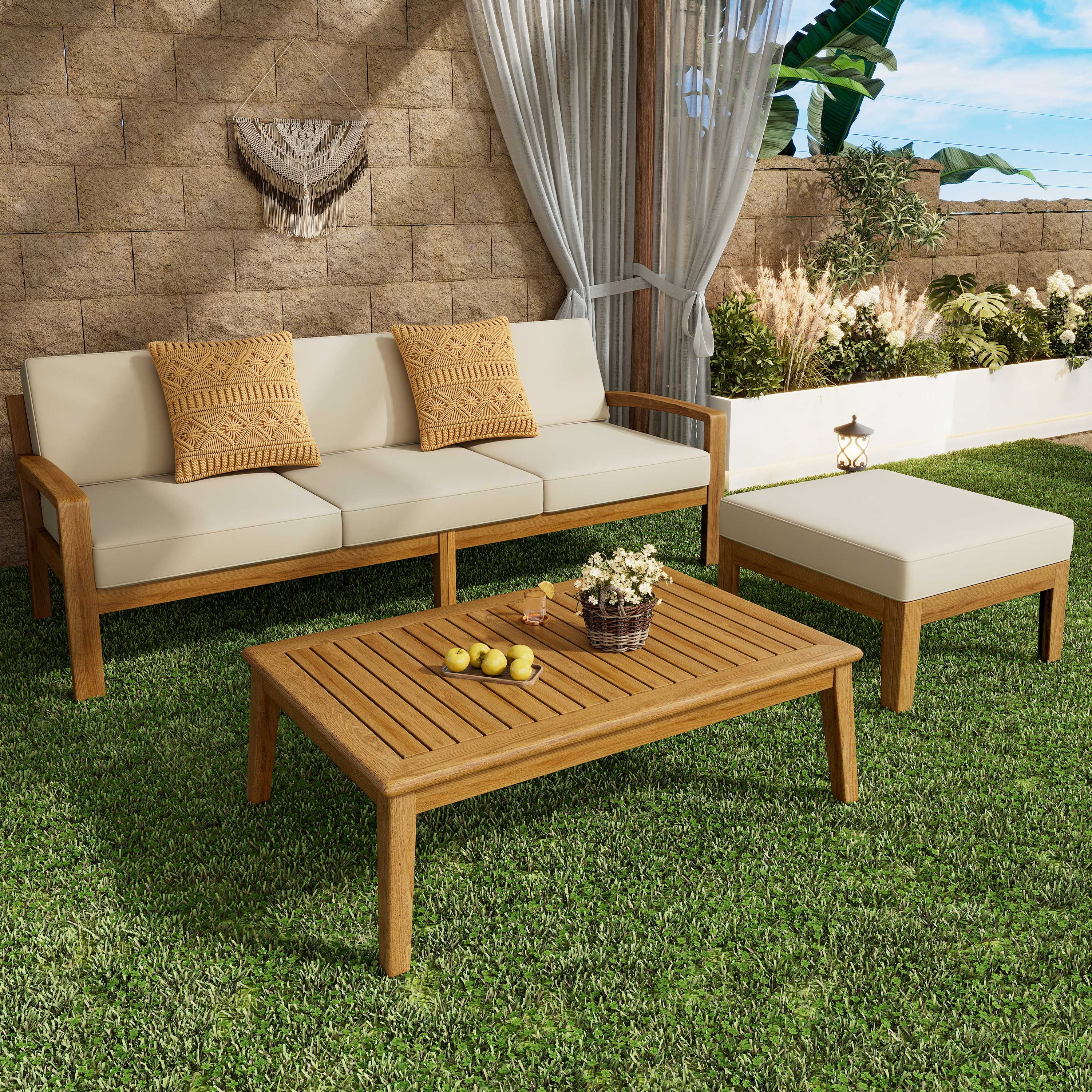 GARITIN L-Shape Outdoor Acacia Wood Sectional Patio Sofa Set with Ottoman and Coffee Table (Beige, 3-Piece) 8f8fs