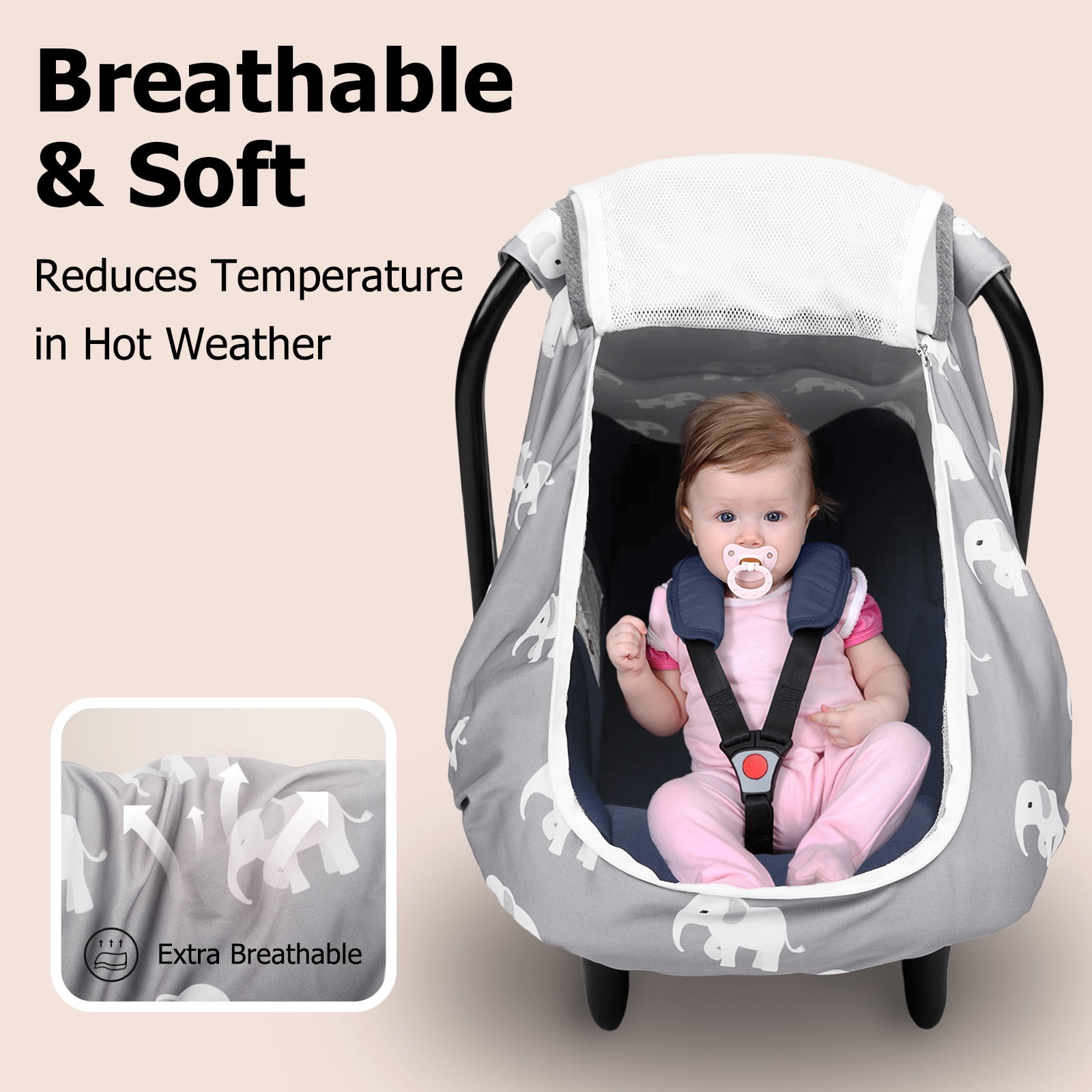 Beavtaens Stretchy Infant Car Seat Canopy with Breathable Peep Window (Elephants, Universal Fit) 23mzk