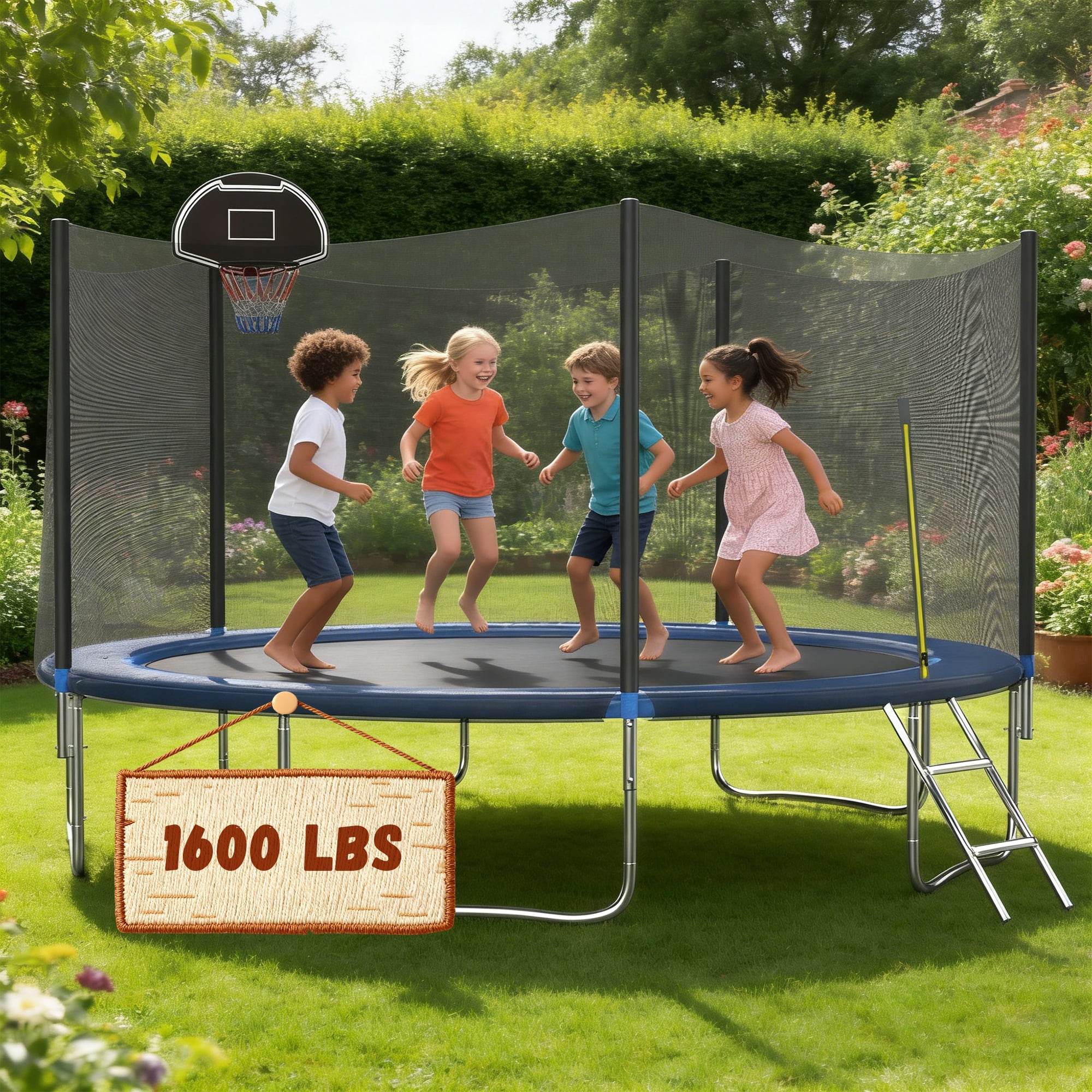Shengchao Trade 14ft Outdoor Trampoline with Safety Enclosure Net and Basketball Hoop (Blue, 14ft) okcmf