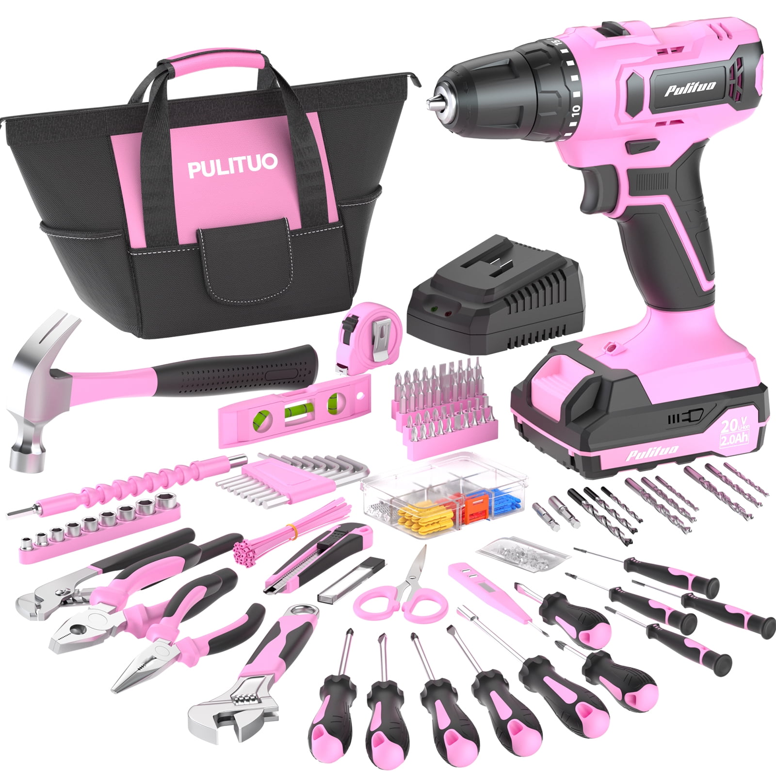 Pulituo 20V Cordless Drill Driver Kit, 238-Piece Home Repair Tool Set with Battery and Storage Case (Pink, 238-Piece) dxrfn