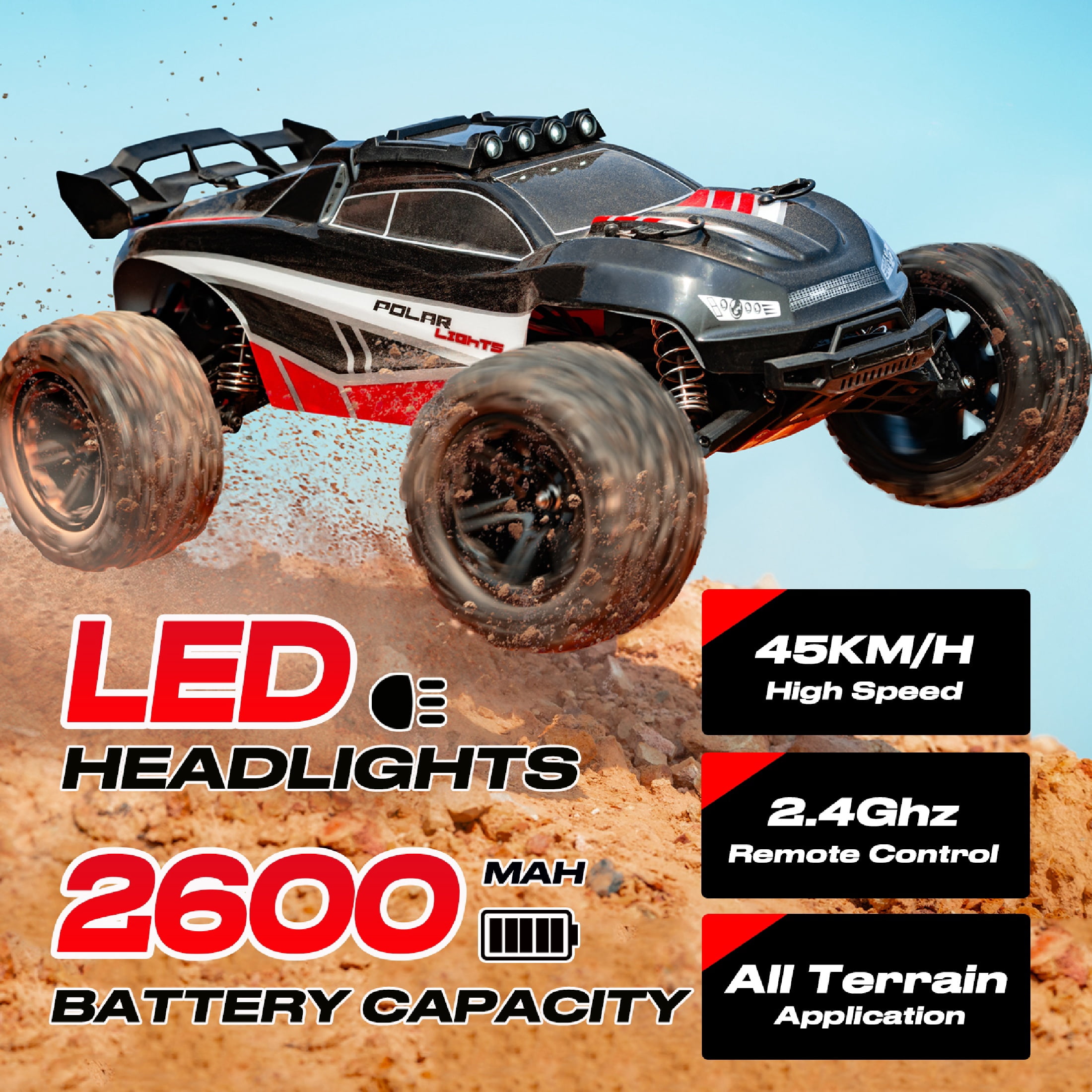 Flypear 1:8 Scale High Speed RC Monster Truck, All-Terrain Remote Control Off-Road Hobby Vehicle (Black, 2 Batteries) iyg2o