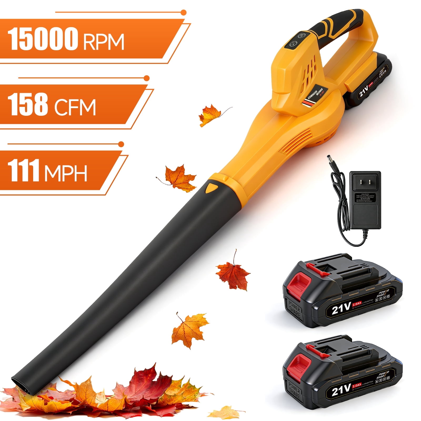 BAOKALER Cordless Leaf Blower, 6-Speed Electric Sweeper with 2 Batteries (Yellow, 3.5 lb) sw07u