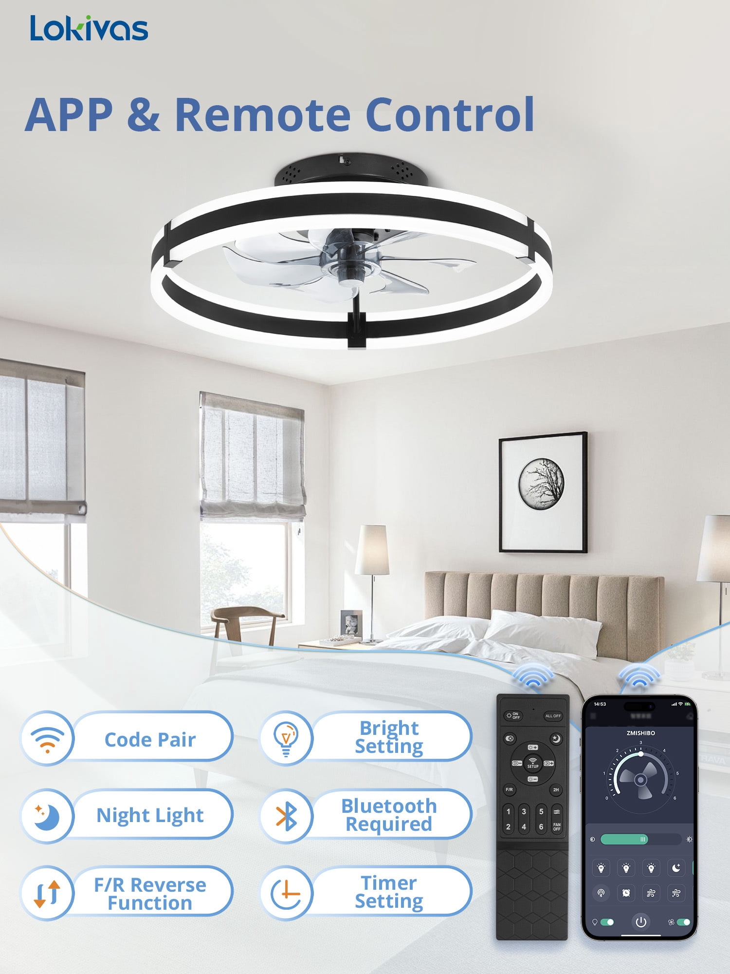 Lokivas 20 in Modern Ceiling Fan with Light, Flush Mount, Dimmable LED, 6-Speed Quiet DC Motor, App and Remote Control (Black, 20 in) z63zs
