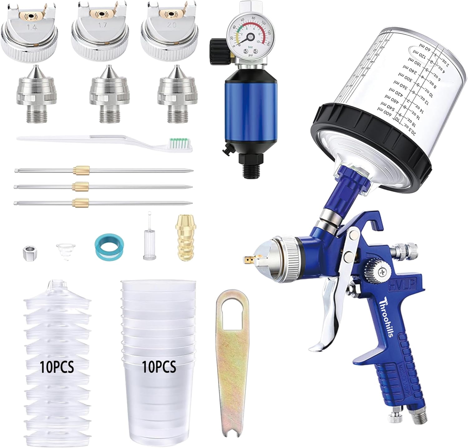 Throohills Professional HVLP Spray Gun Kit, High Atomization Pneumatic Gravity Feed Paint Sprayer with 3 Nozzles (Blue, 1.4/1.7/2.0 mm) 2ka5i