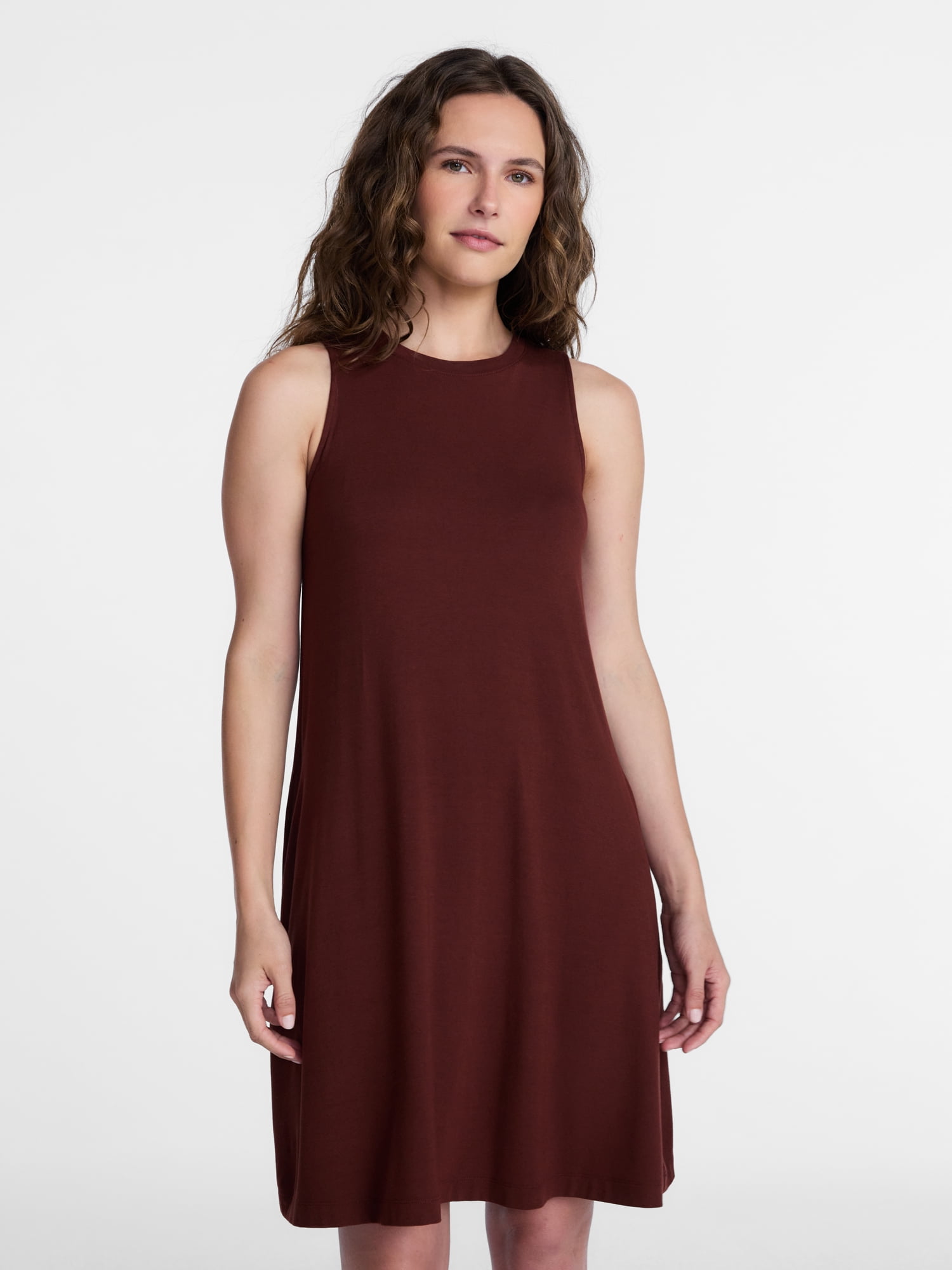 Time and Tru Women's Sleeveless Knit Swing Dress (Brown, XS) 1o02y