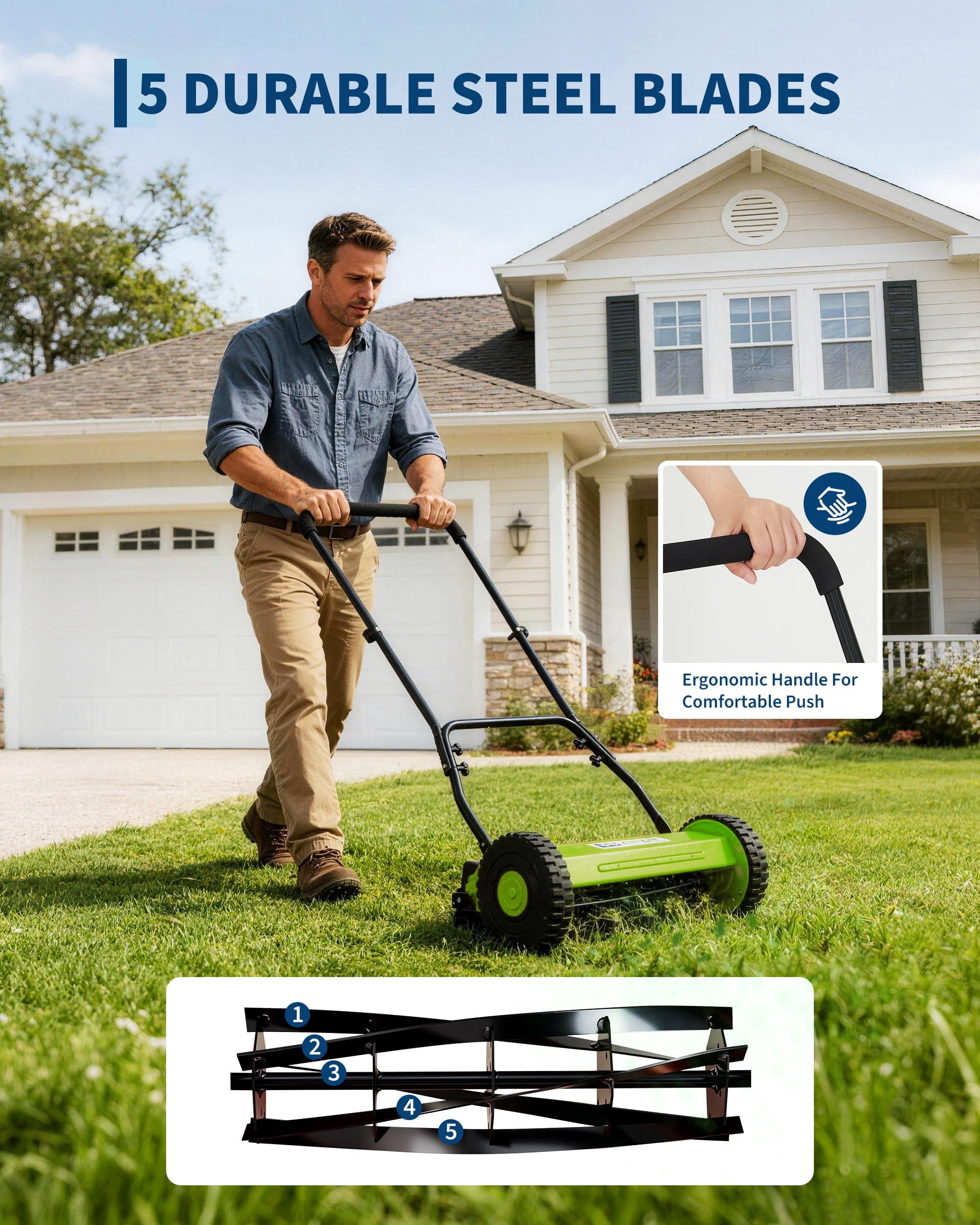 Great States 16-Inch Push Reel Lawn Mower, 5-Blade Manual Walk-Behind Mower with Adjustable Cutting Height (16 in) ddqww