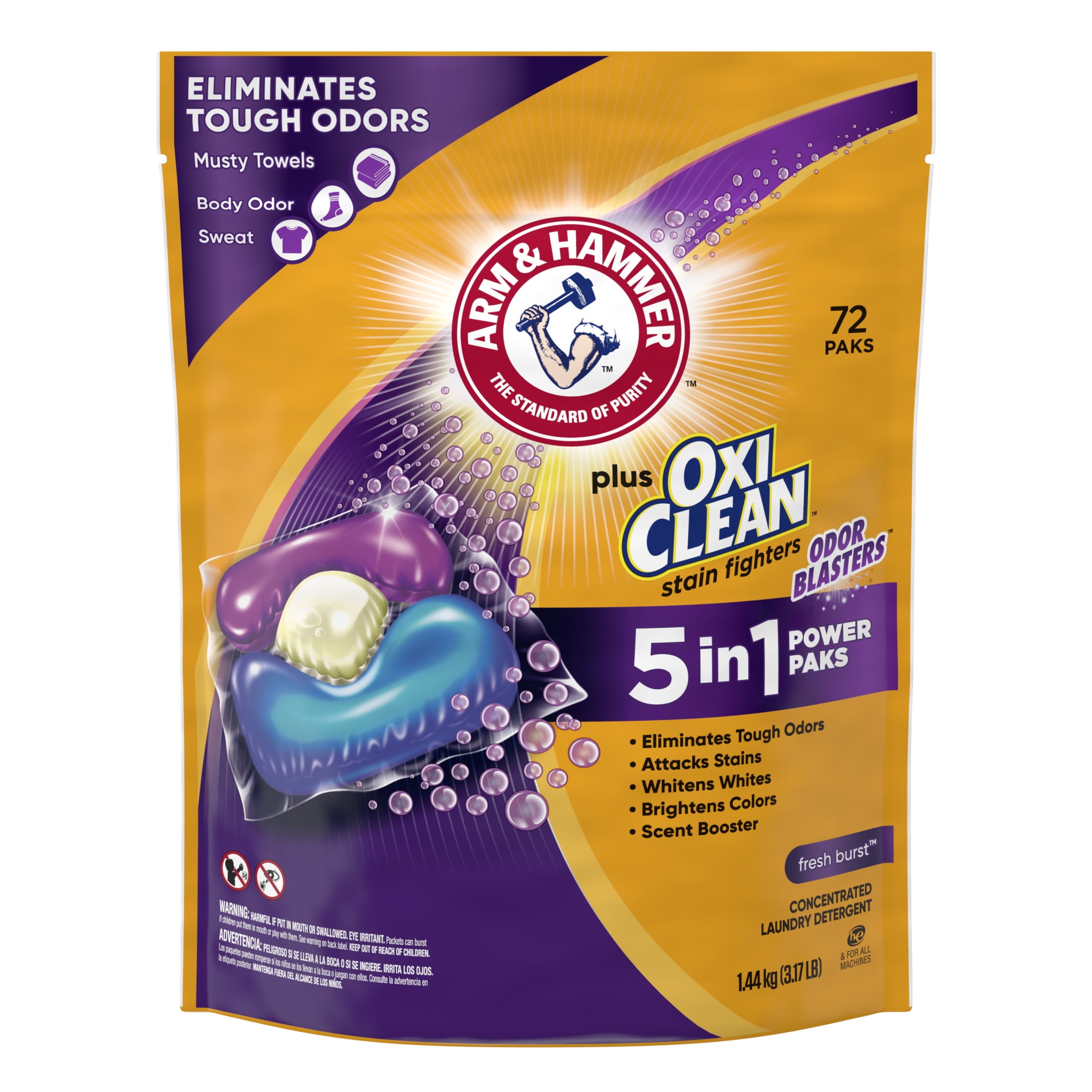 ARM & HAMMER Plus OxiClean Odor Blasters Laundry Detergent, 5-in-1 Power Paks (Fresh Burst, 72 Ct) 6bcvk