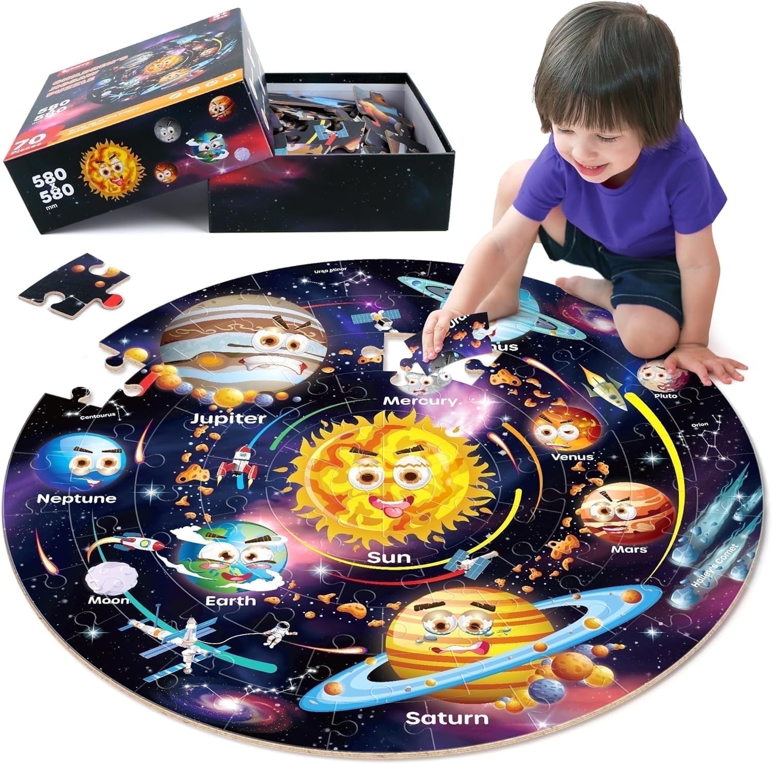 SYNARRY Solar System Floor Puzzle for Kids, Educational Wooden Jigsaw Set (Multicolor, 70-Piece) k6yaf