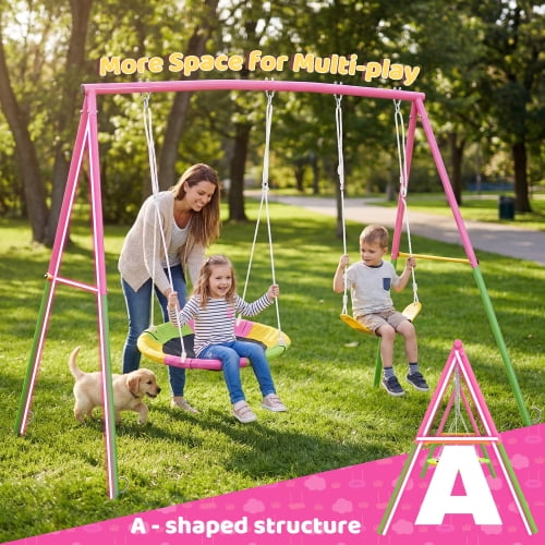 Kdymod Heavy Duty Metal A-Frame Swing Set with Saucer Disc and Belt Seat (Pink, 440 lb Capacity) sizrv