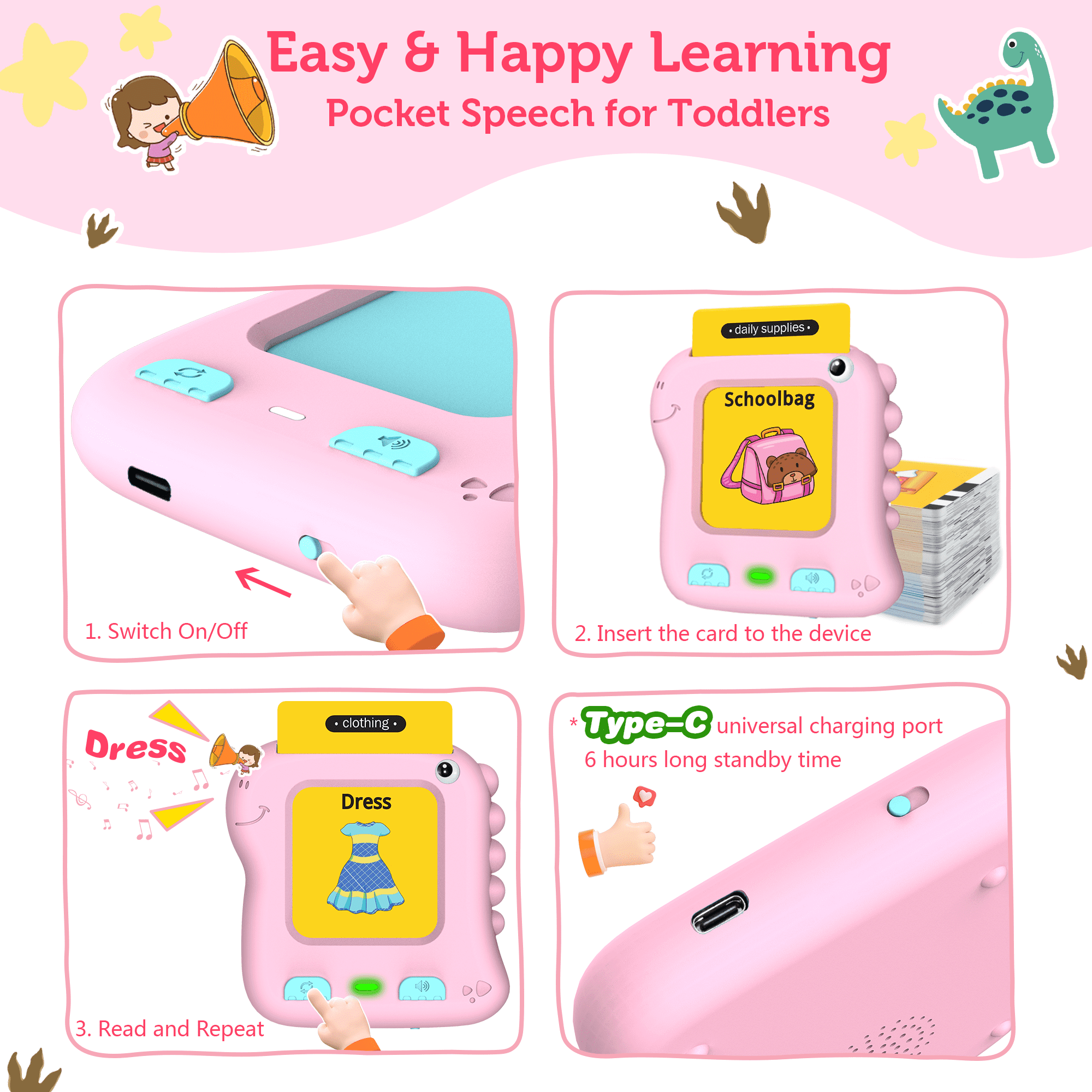 Richgv Talking Flash Cards Educational Learning Toy for Toddlers (Pink, 7x4x2 in) kxx4d
