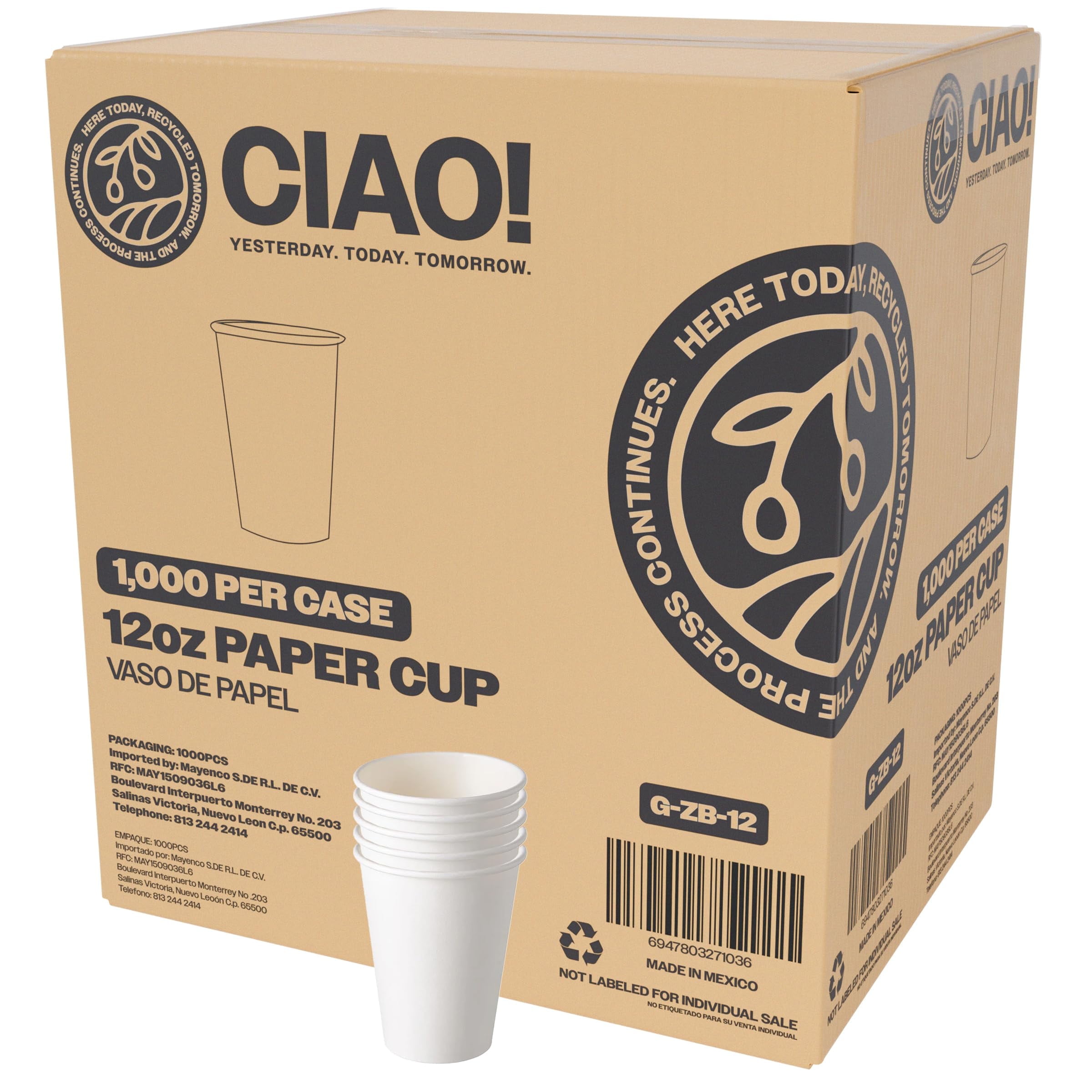 CIAO! Disposable Paper Hot Cups, Insulated Coffee and Tea Cups (White, 12 fl oz, 1000 Count) 4i4wq