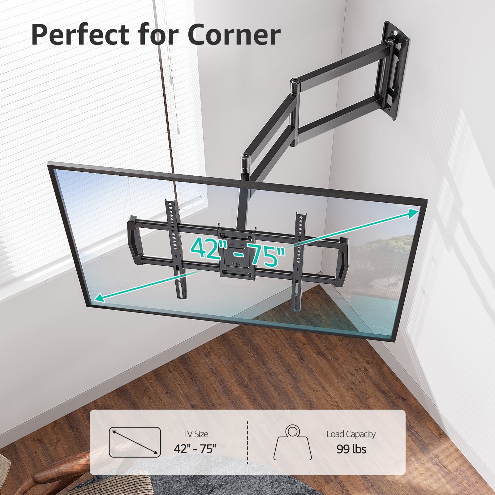 Mount Pro Full Motion TV Wall Mount, Long Arm Articulating Bracket for 42-75 Inch TVs (Black, 99 lb) pbz17