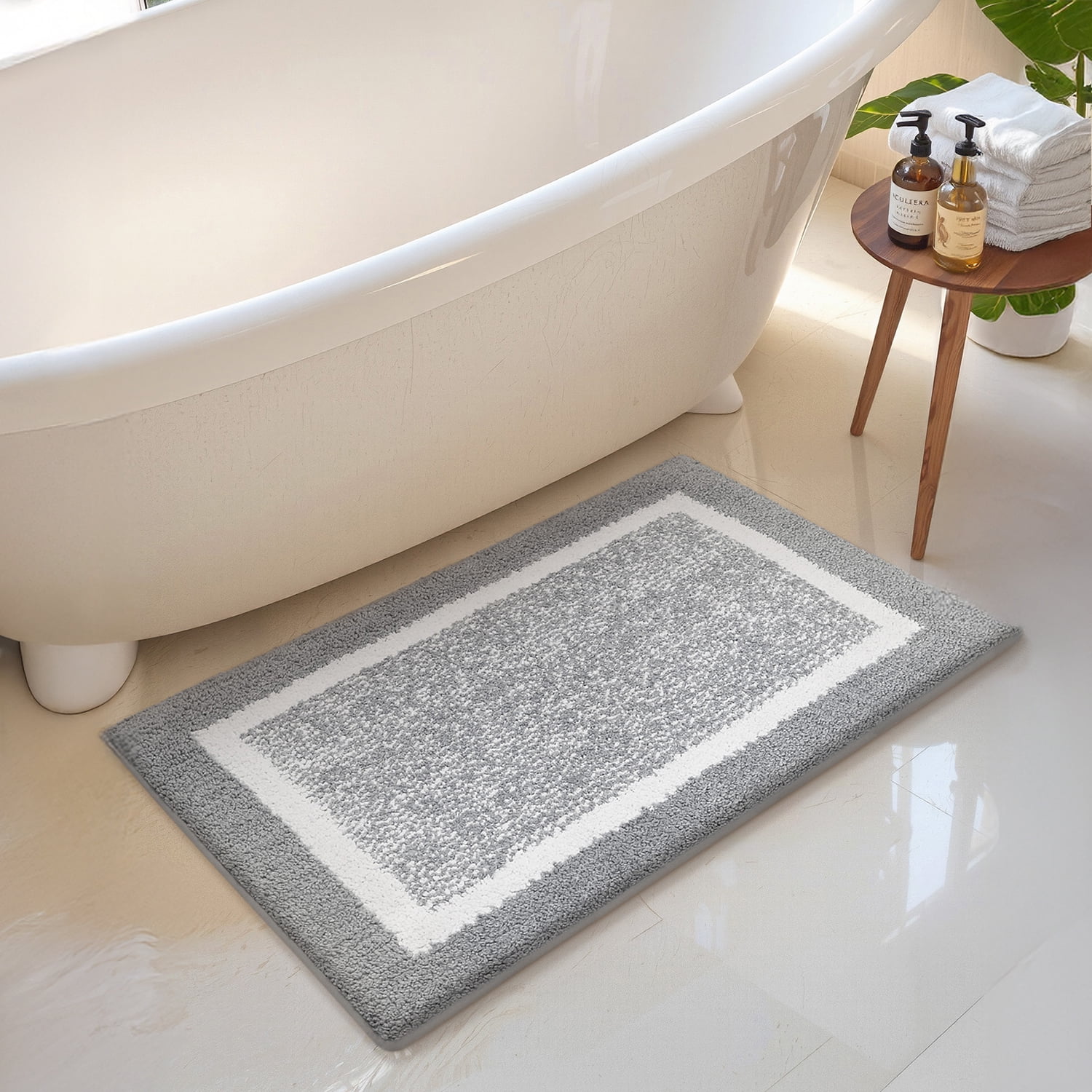 PABUBE Microfiber Shag Bathroom Rug, Non-Slip Absorbent Bath Mat for Shower and Tub (Grey and White, 16 in x 24 in) ya2x8