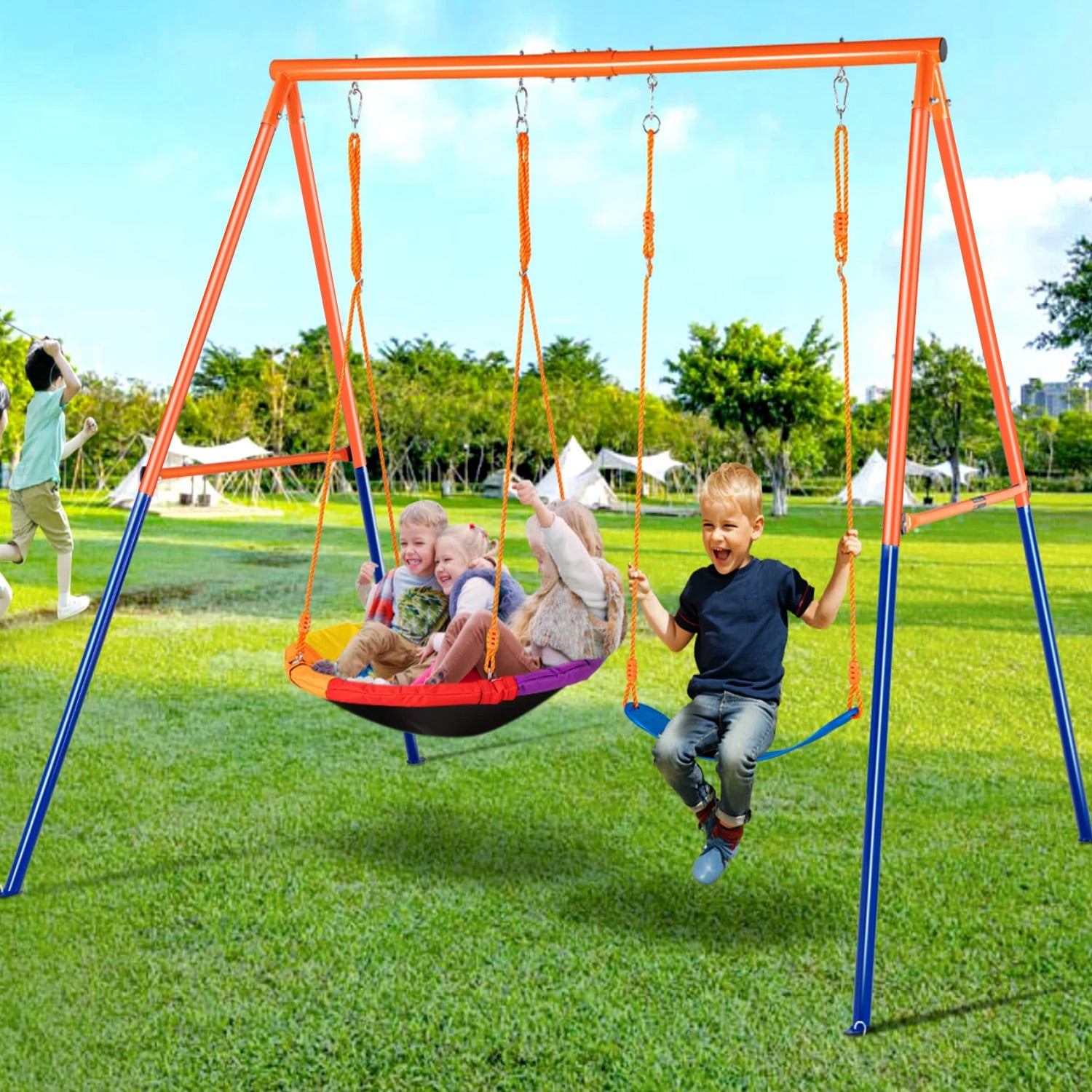Camkey Heavy Duty Metal Swing Set for Kids with Saucer and Belt Seats (Blue, 440 lb Capacity) n77fa