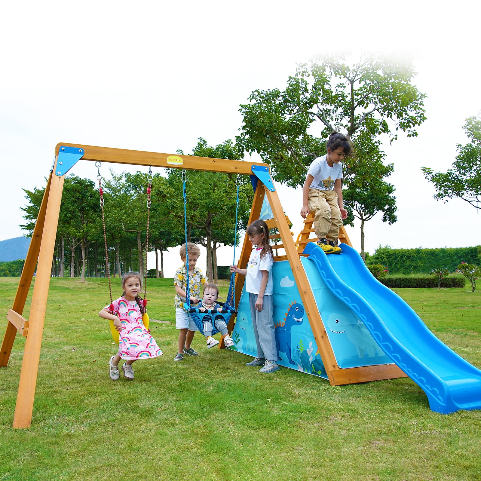 SuniBoxi Kids Backyard Wooden Playground Set with 2 Swings and Dinosaur Play Tent (Blue) o7rzi