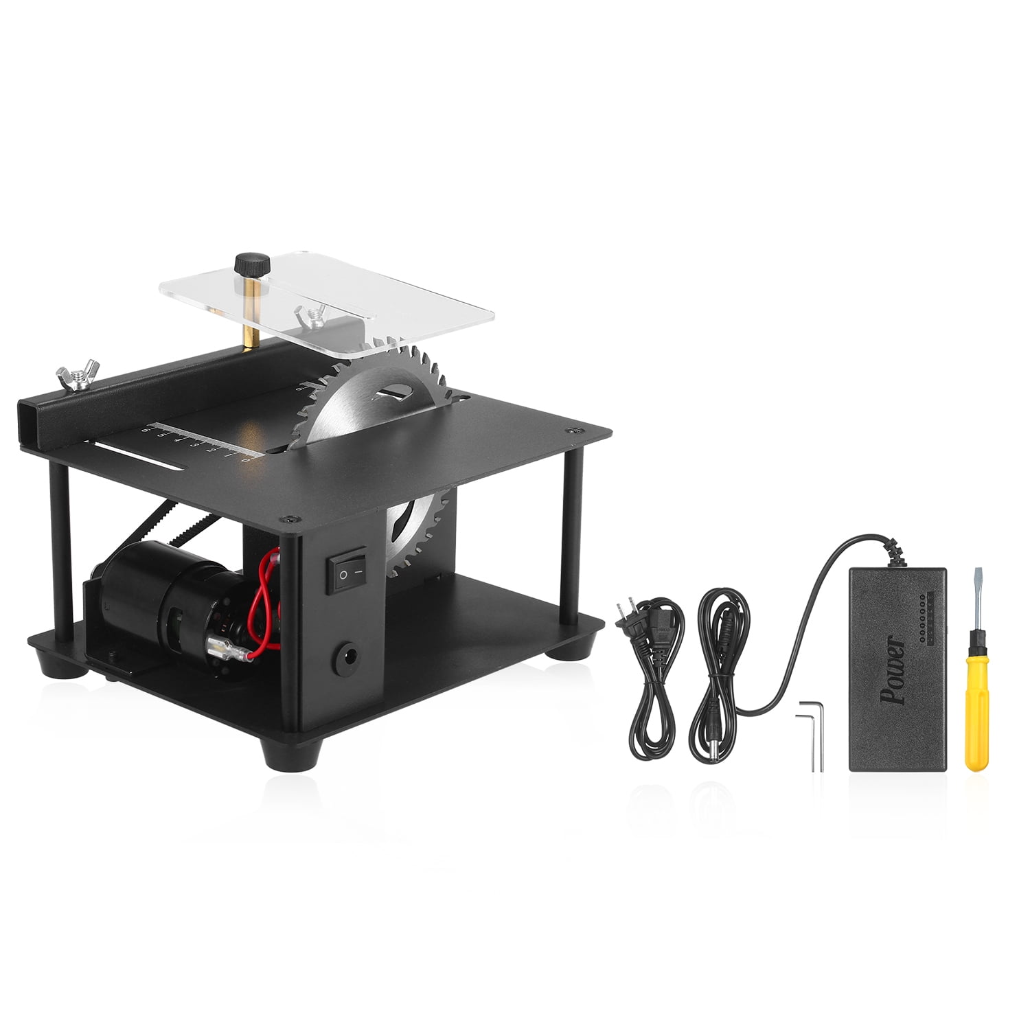 Cacagoo Mini Table Saw 200W Electric Woodworking Tool with Adjustable Speed and 1.38 in Cutting Depth (Black, 7.48 x 6.49 x 3.93 in) ukluu