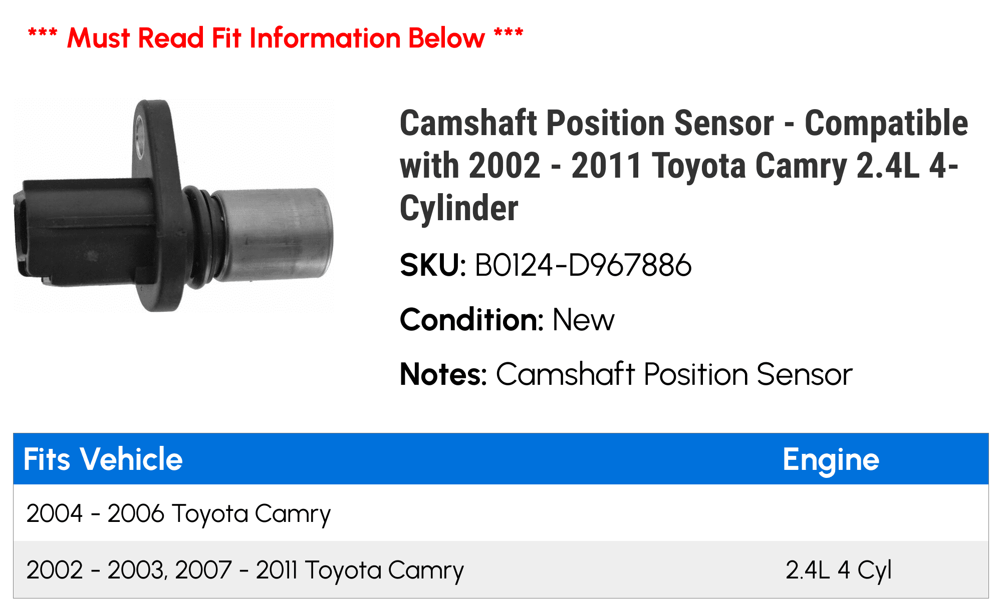 TRQ Camshaft Position Sensor for 2002-2011 Toyota Camry 2.4L 4-Cylinder (1 Piece) 5xphe