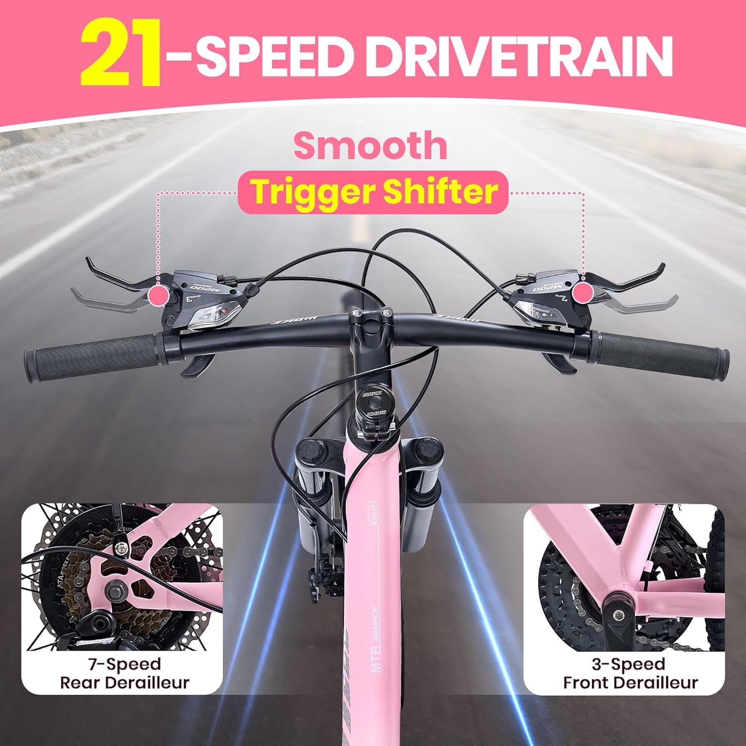 NEORIVERE Women's Mountain Bike, 21-Speed Trail Bicycle with Suspension Fork and Dual Disc Brakes (Pink, 24 in) 73nl5