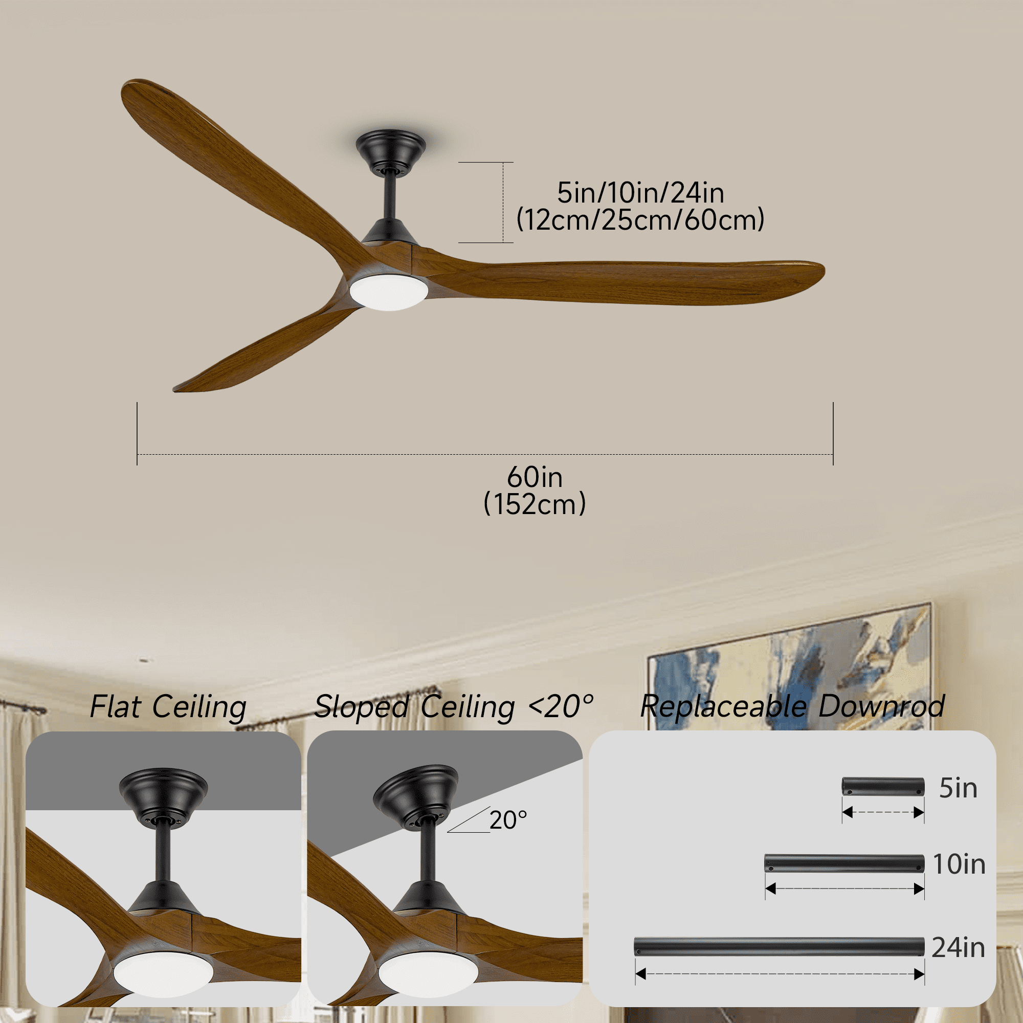 DOOZOLER 60 in Ceiling Fan with LED Light and Remote, 3 Solid Wood Blades, Dimmable Farmhouse Indoor Outdoor Fan (Brown, 60 in) 6gc4b