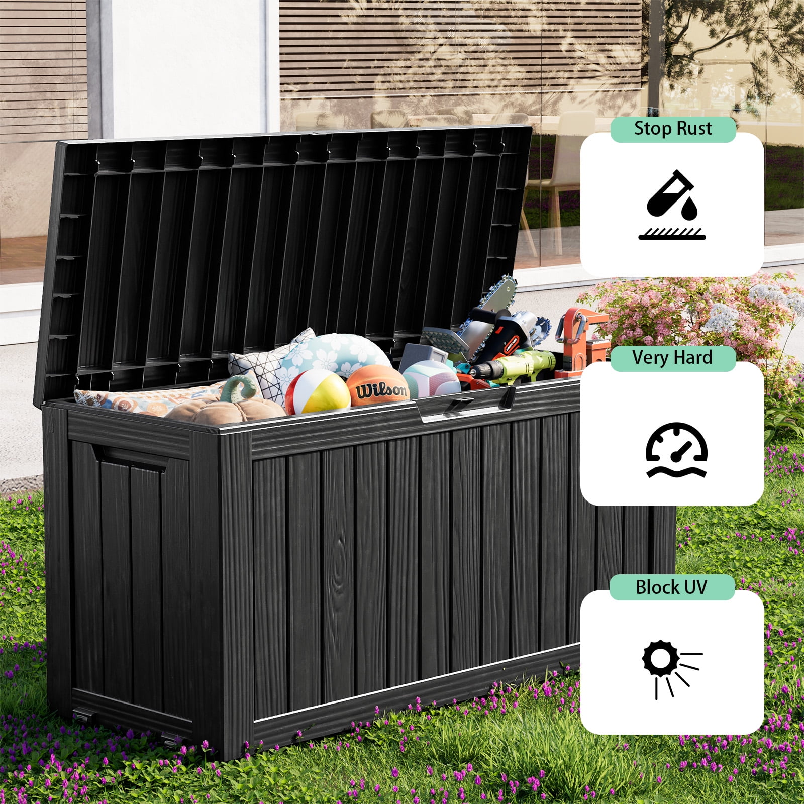 Easy Up 80 Gallon Resin Deck Box, Lockable Outdoor Patio Storage for Garden Tools and Furniture (Black, 46.3 in x 18.7 in x 23.2 in) lgj7n