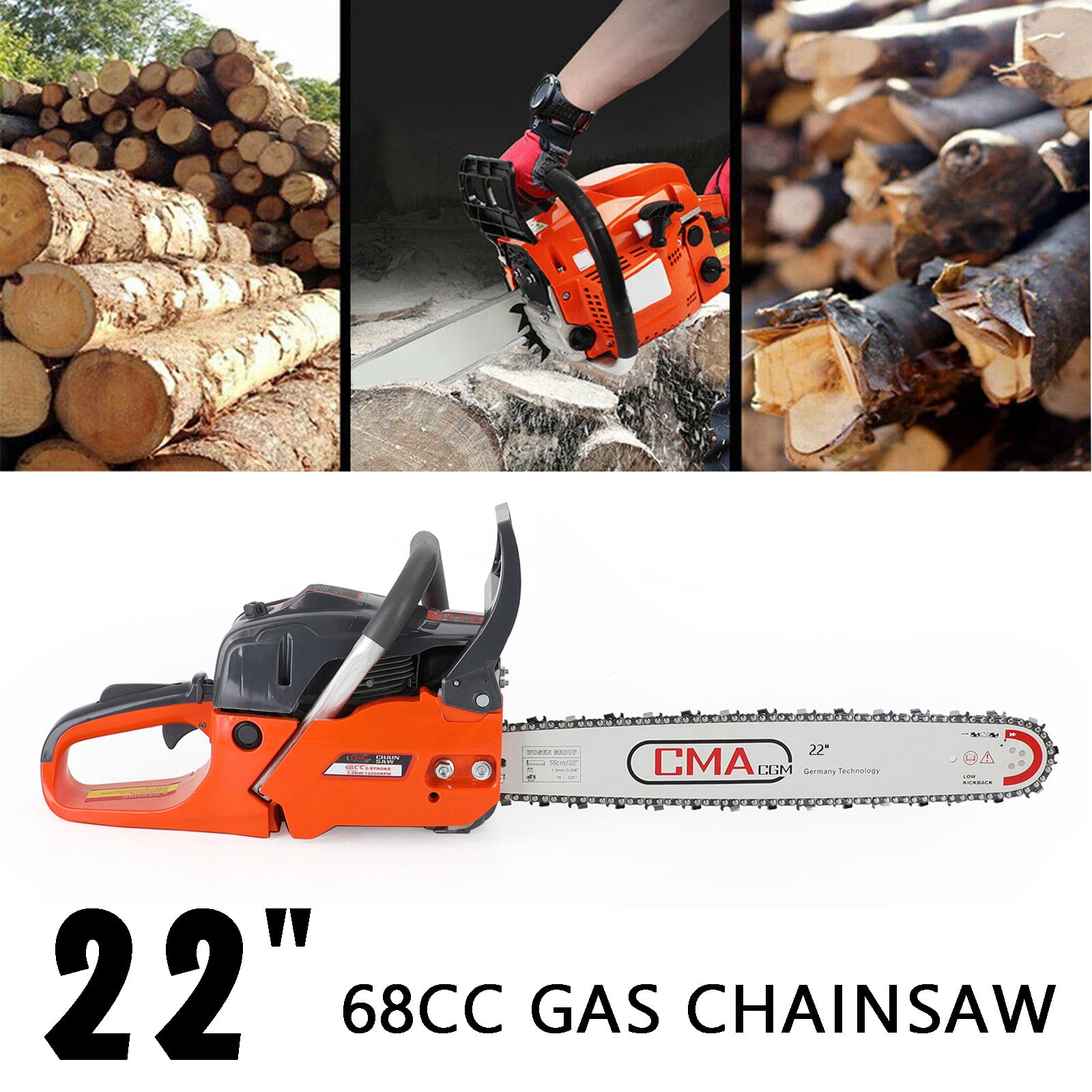 Topteng 68CC Gasoline Powered Chainsaw, Heavy-Duty Wood Cutting Tool with Automatic Chain Oiler (Orange, 22 in) hvlhg