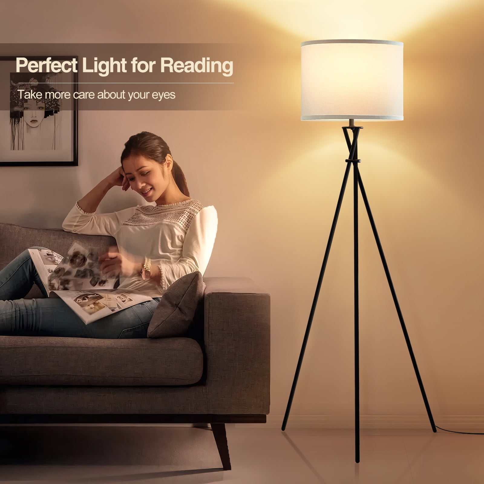 NATYSWAN Modern Tripod Floor Lamp for Living Room, Tall Standing Lamp with White Fabric Shade (Black, 61 in) 1e2dr