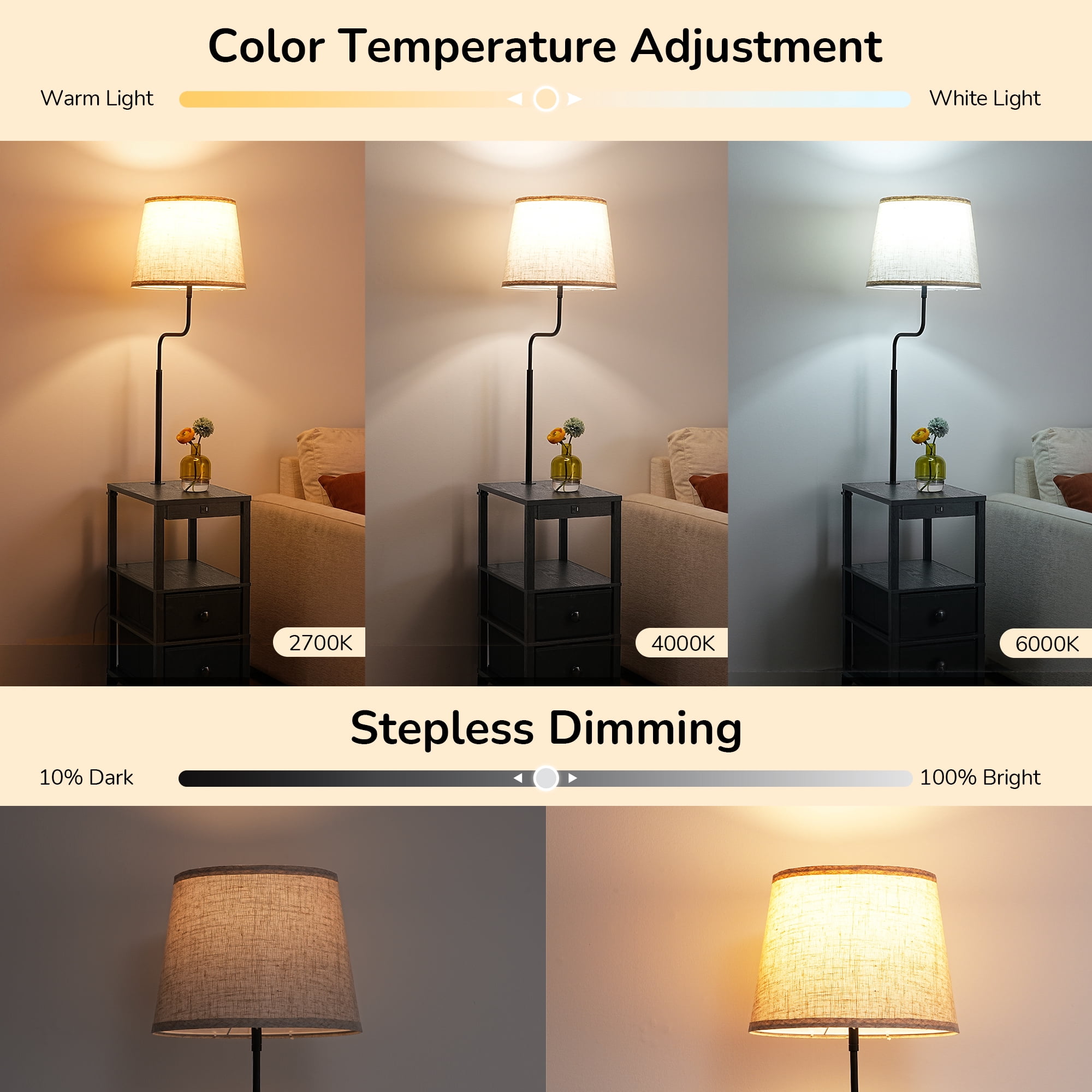 EDISHINE Rustic Farmhouse Floor Lamp with Side Table and USB Charging Station (Black, 58.2 in) gdn3j