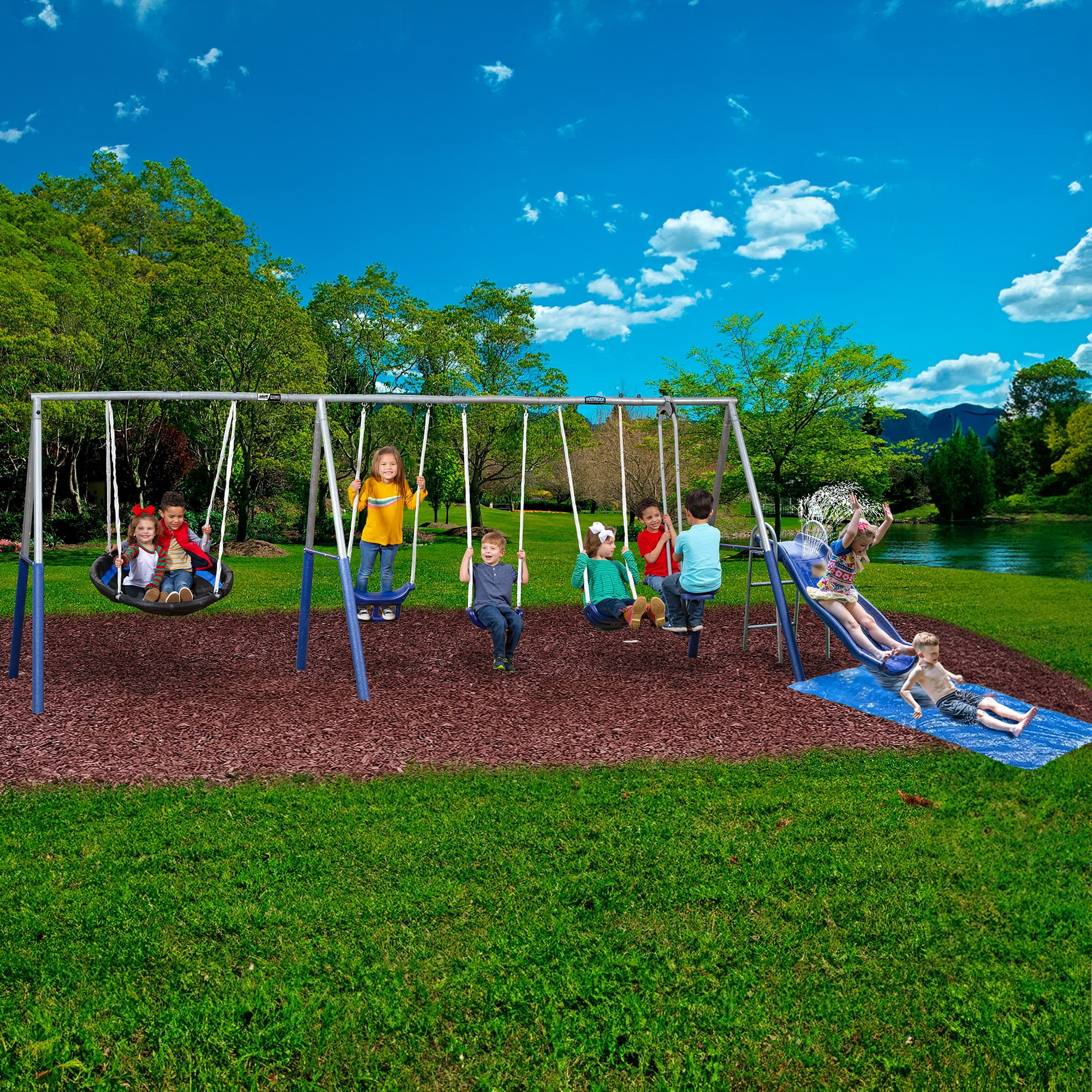 XDP Recreation Outdoor Playground Set with Water Slide and Super Disc Swing (Blue, 196 in x 102 in x 74 in) f0t2w