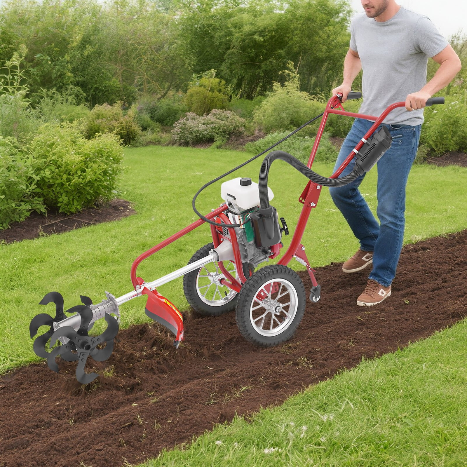 Generic 3-in-1 Gas Tiller Cultivator, 4-Stroke 63cc 4HP Engine, Heavy-Duty Gardening Machine for Tilling, Trenching, and Mowing (63cc, 4HP) 38a7g