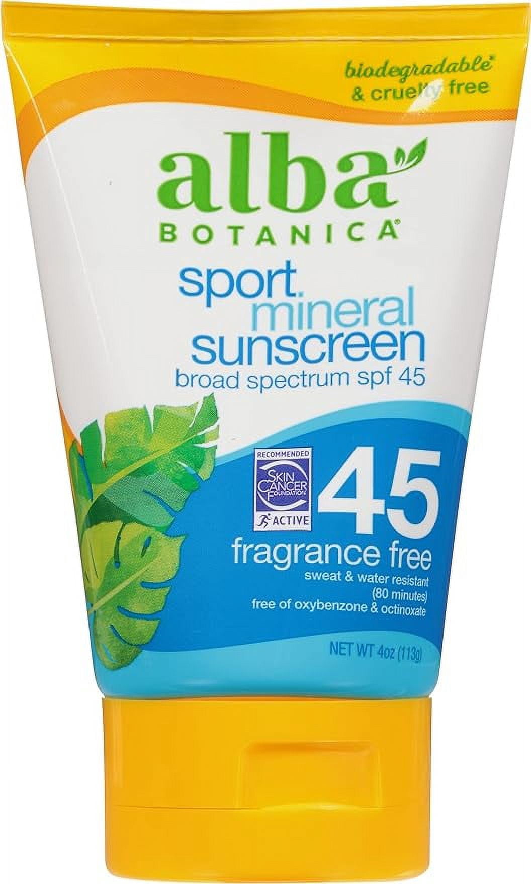 Alba Botanica Sport Mineral Sunscreen Lotion, Broad Spectrum SPF 45, Water Resistant and Fragrance-Free (4 fl oz) dzka6