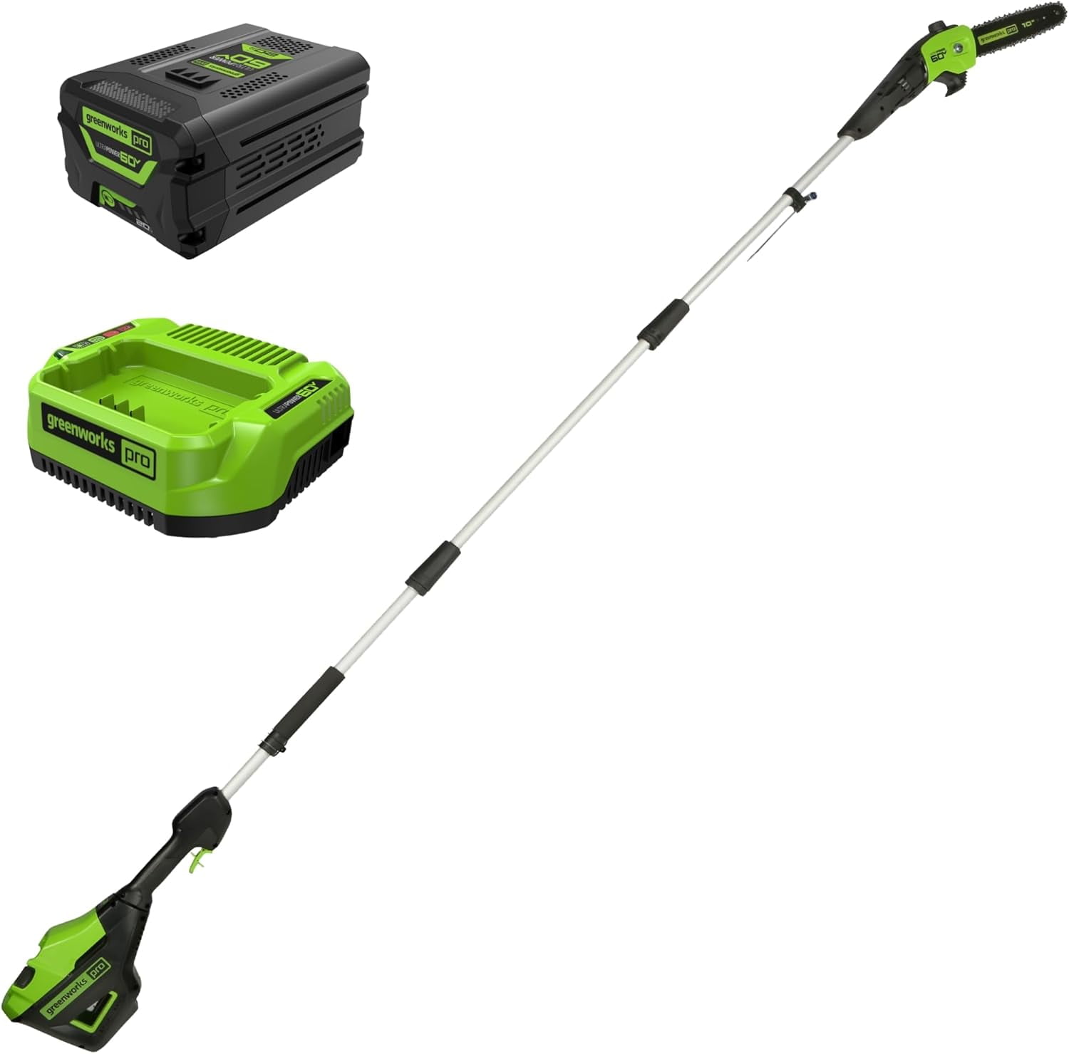 Greenworks 60V 10 in Brushless Cordless Pole Saw with 2.0Ah Battery and Charger (Green, 9 ft Reach) 7e1ly