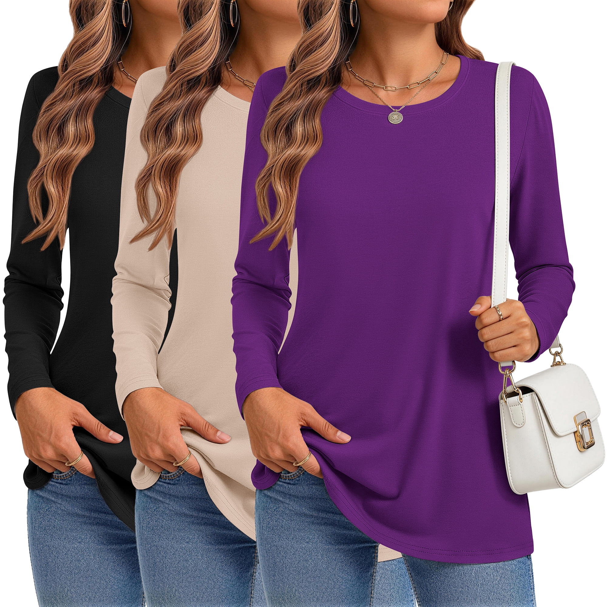 MOSHU Women's Long Sleeve Crew Neck T-Shirts Casual Loose Fit Fall Tops (Black, L, 3-Pack) 6y0vm