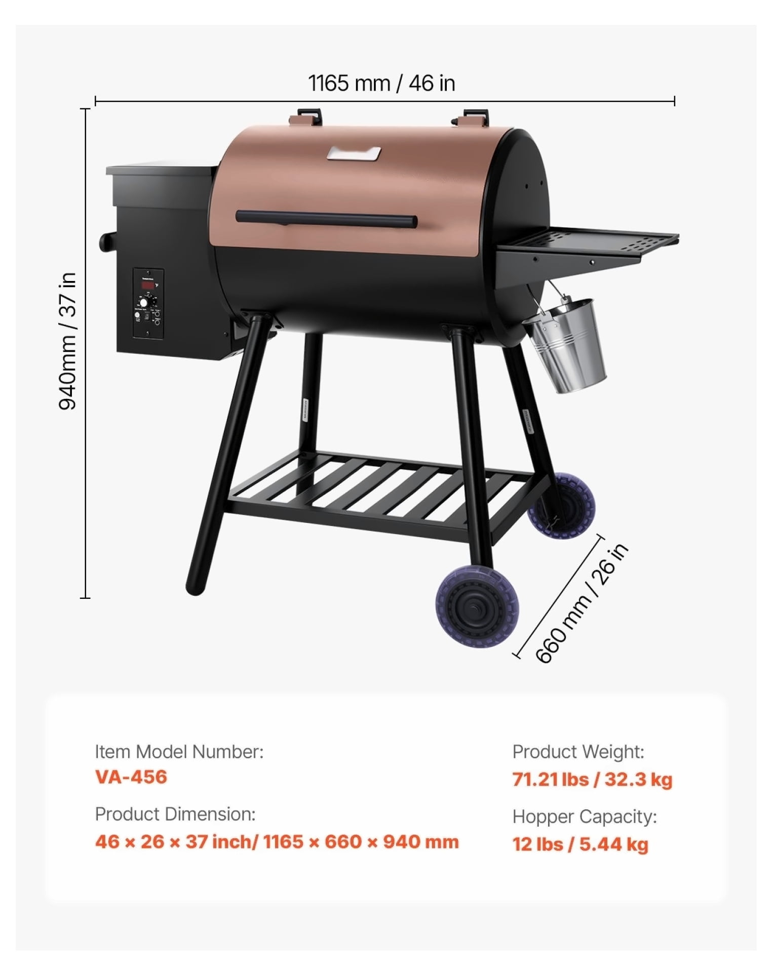 Generic Wood Pellet Grill Smoker, 8-in-1 BBQ Grill with Digital Controller and Meat Probe (Black, 456 sq in) o6tkt
