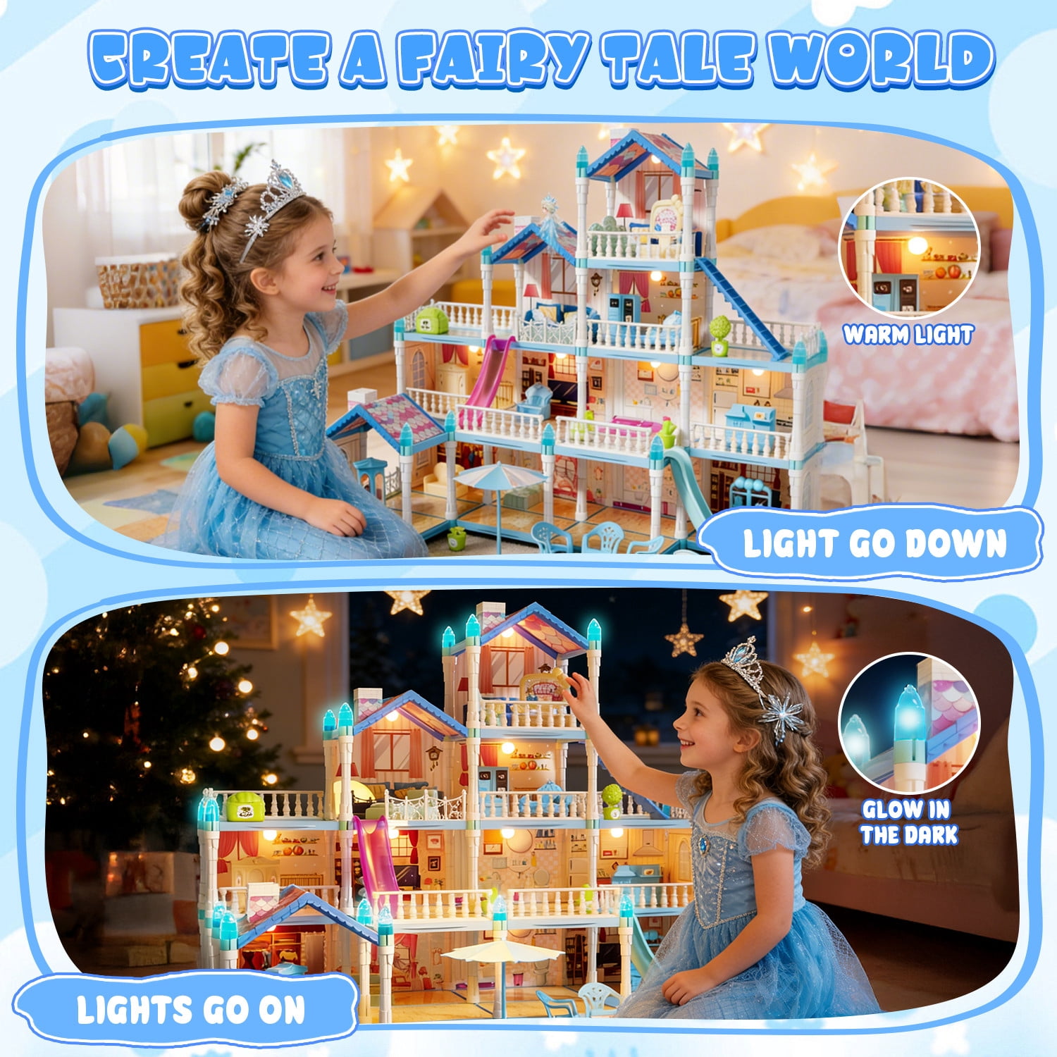 JoyStone Dollhouse with Warm Light, DIY Pretend Play Playhouse with 14 Rooms and 2 Dolls (Blue) w91cf