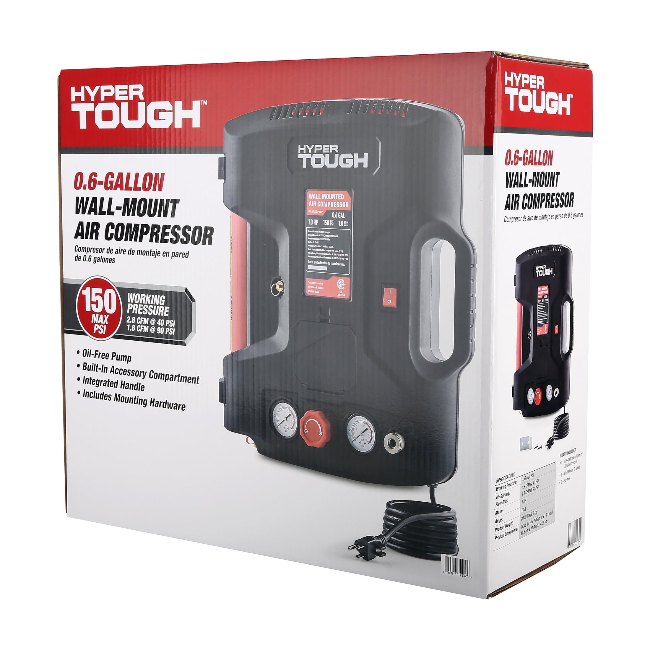 Hyper Tough Oil-Free Wall-Mount Air Compressor (Black, 0.6 Gallon) qqjj3 - Image 7