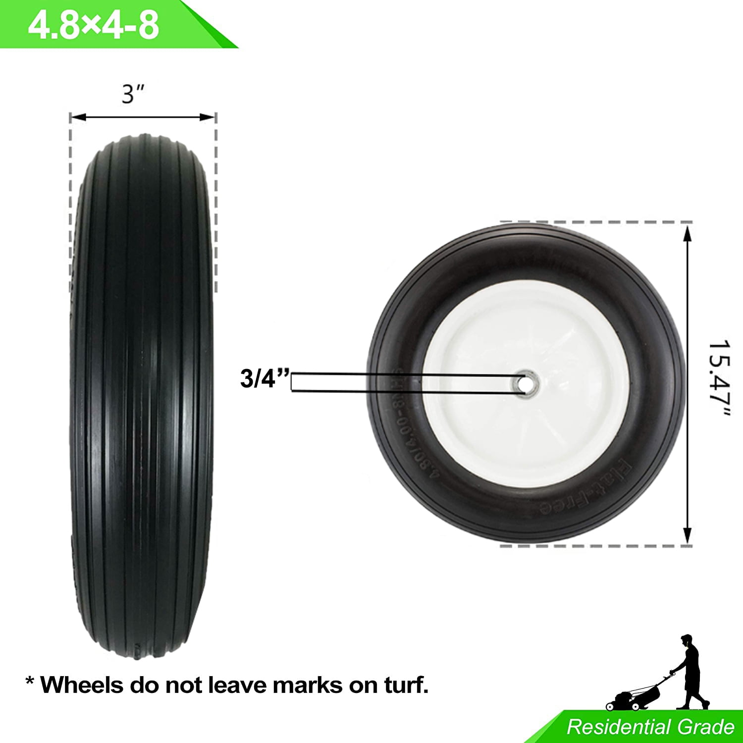 Ogracwheel Flat Free Wheelbarrow Tire (4.80/4.00-8, 3 in Center Hub, Includes 3/4 in and 5/8 in Bearings) hel4s
