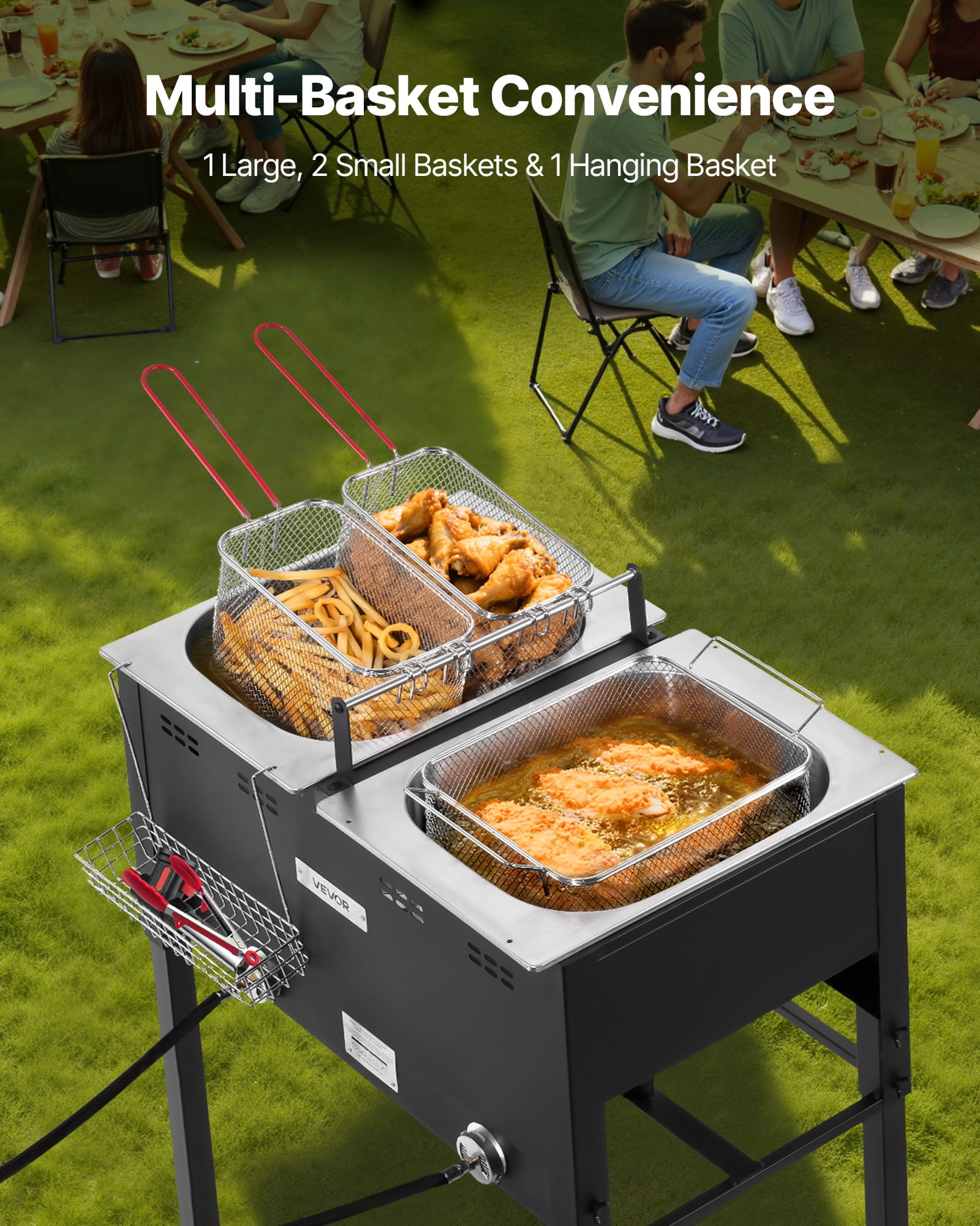 VEVOR Outdoor Propane Deep Fryer, Dual-Tank Commercial Fish Cooker with 3 Baskets and Thermometer (Black, 32 QT) kfzyn