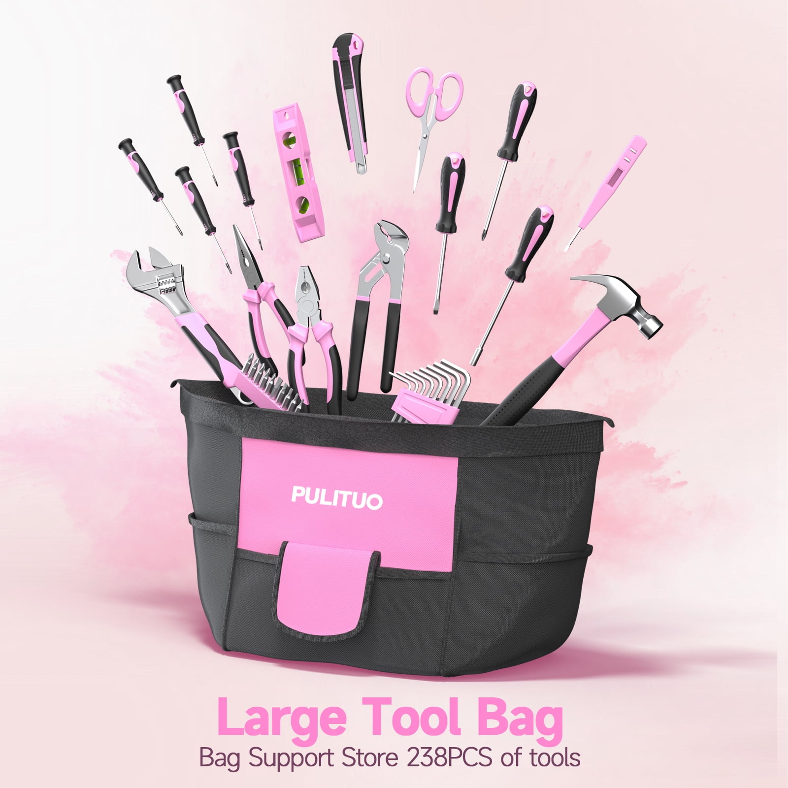 Pulituo 20V Cordless Drill Driver Kit, 238-Piece Home Repair Tool Set with Battery and Storage Case (Pink, 238-Piece) dxrfn