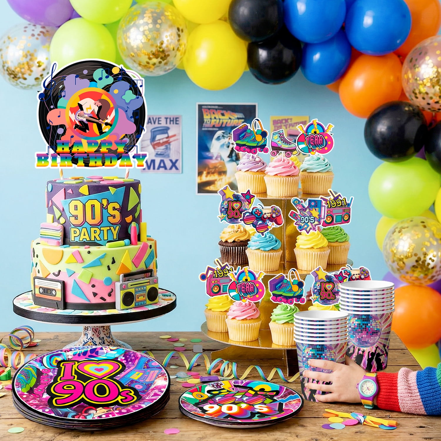 ElifJoyDeco 90s Party Decorations Birthday Supplies Set with Backdrop Balloons and Tableware (128 Pieces) swqdf